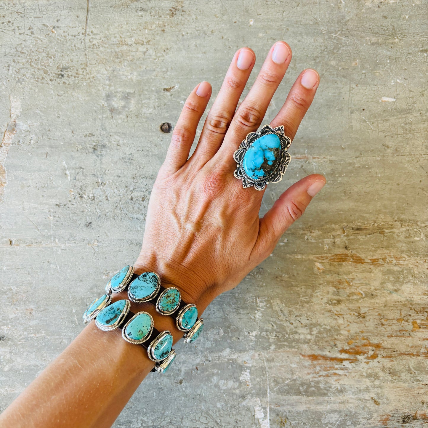 Navajo Tia Long Sterling Silver & Turquoise Ring