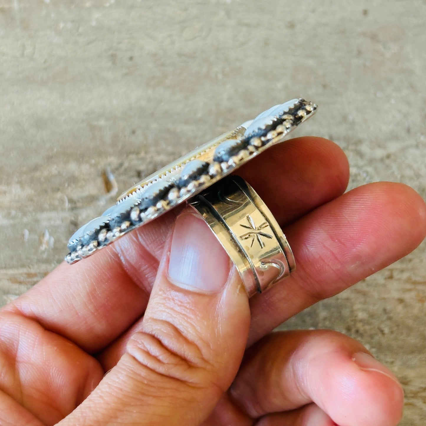 Navajo Ednei Yabney Sterling Silver & Shell Heart Cluster Ring