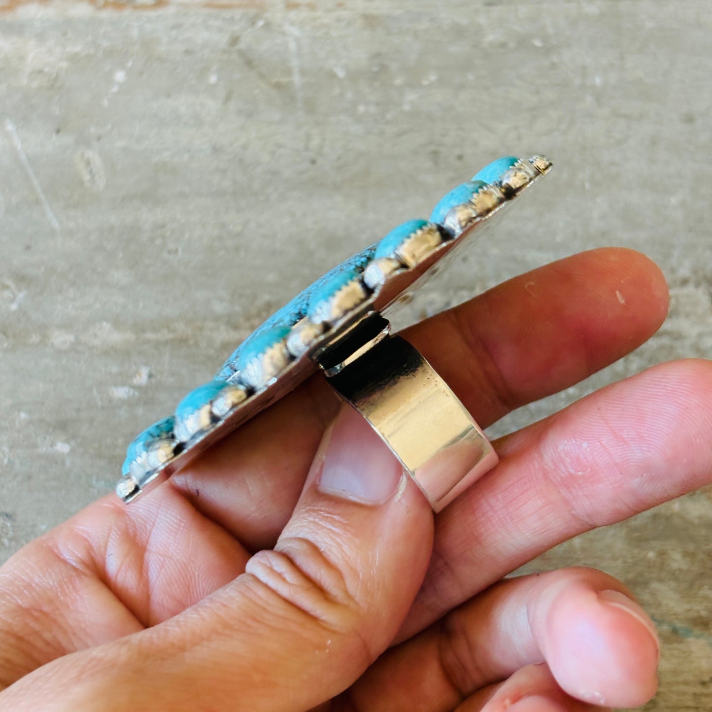 Navajo Hemerson Brown Sterling Silver & Kingman Turquoise Cluster Ring