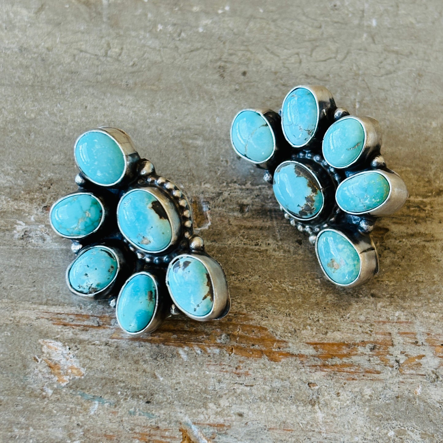 Navajo Lydia Begay Sterling Silver & Kingman Cluster Earrings