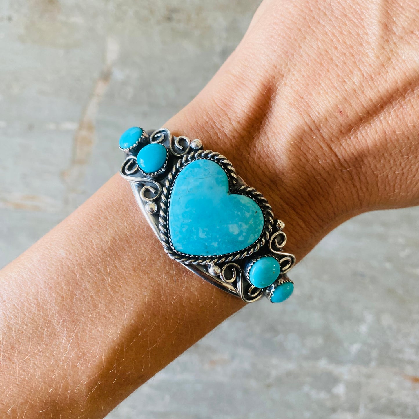 Navajo Lorenzo & Jerilyn Chee Sterling Silver & Campitos Turquoise Heart Cuff