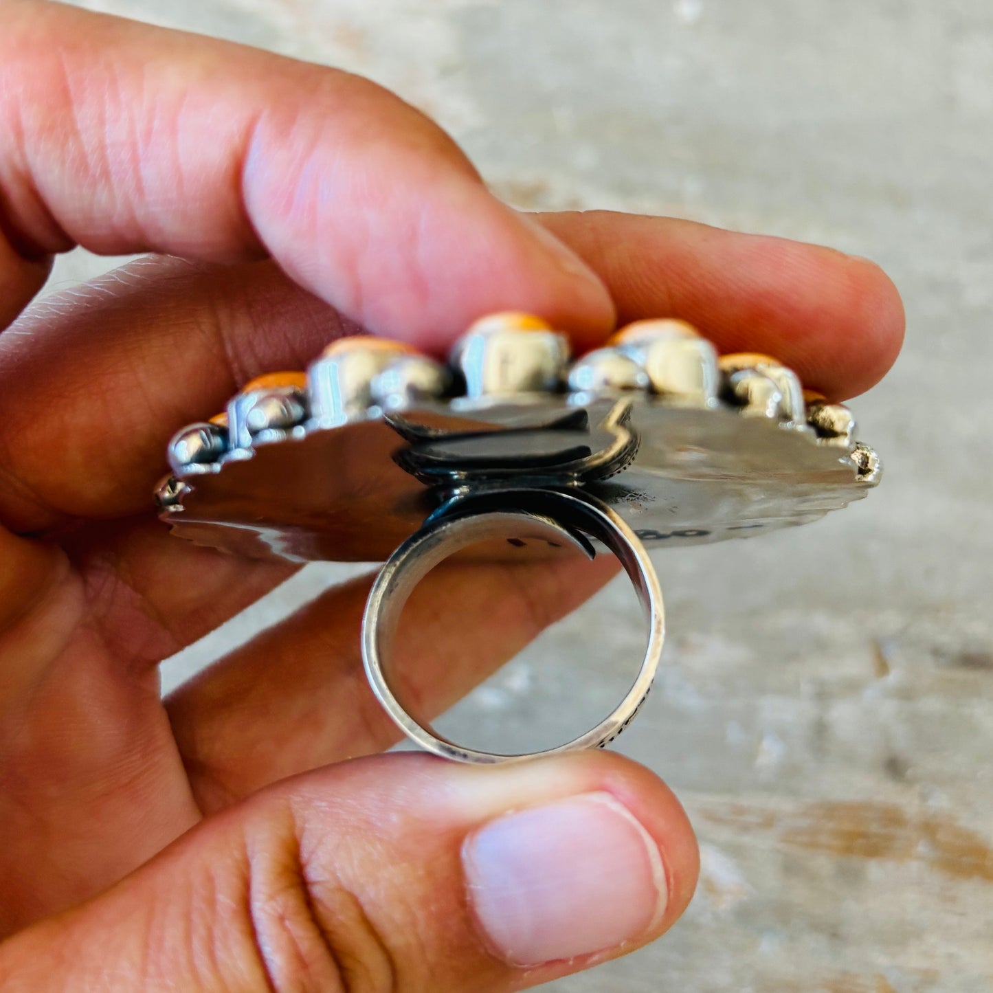 Navajo Dustin Francisco Sterling Silver - Orange Spiny Oyster & Royston Turquoise Cluster Ring