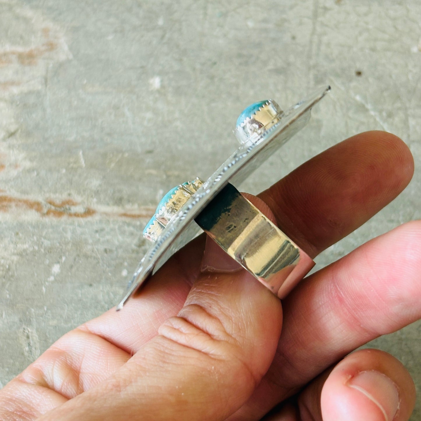 Navajo Hemerson Brown Sterling Silver & Kingman Turquoise Cactus Ring