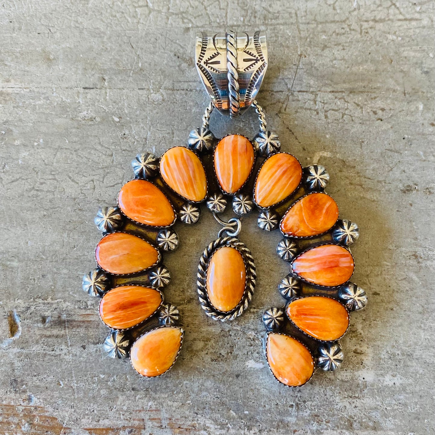 Navajo Lorenzo Jerilyn Chee Sterling Silver & Orange Spiny Oyster Naja Pendant
