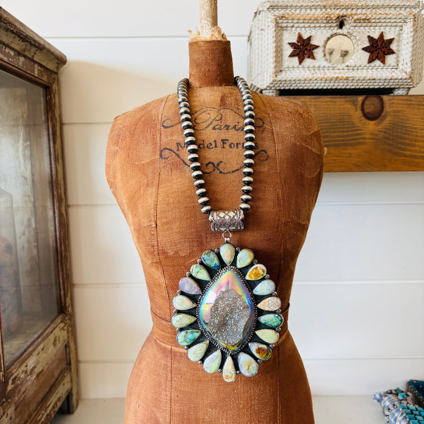 Navajo Hemerson Brown Sterling Silver - Druzy & Lab Opal Pendant