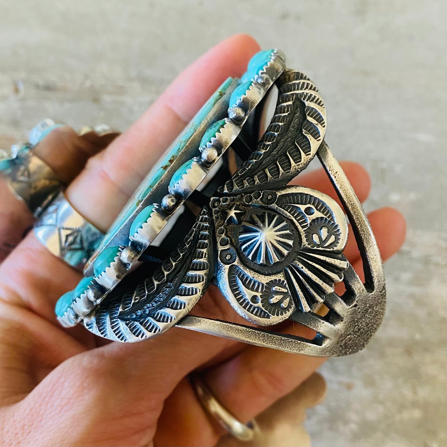 Navajo Kindale Billah Sterling Silver & Kingman Turquoise Cluster Statement Cuff