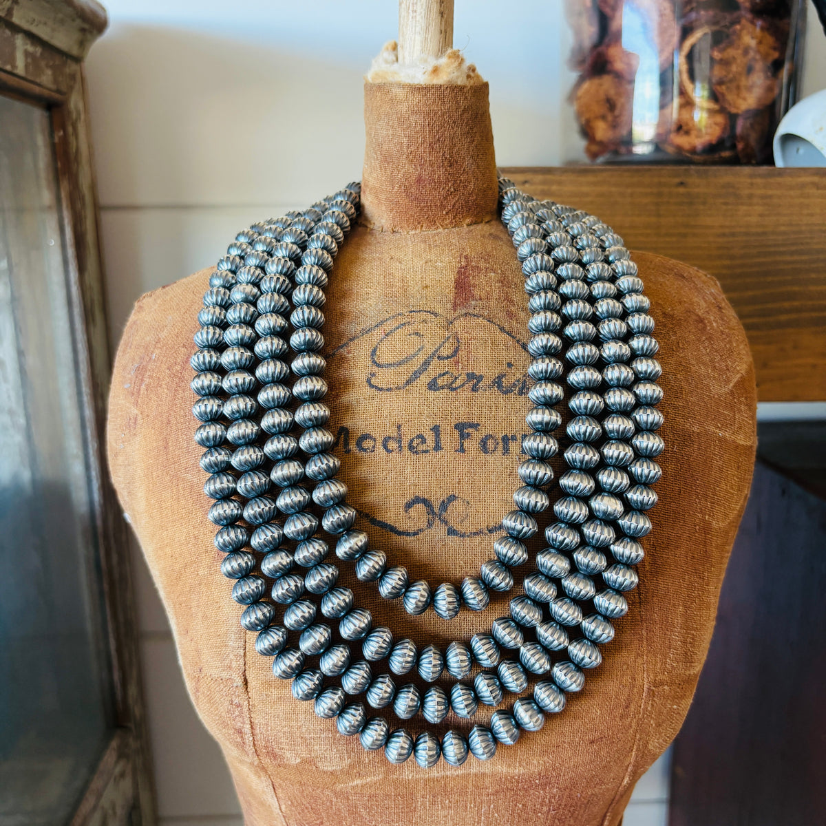 Navajo Tonisha Haley Sterling Silver 10mm Handmade Fluted Pearls Necklace