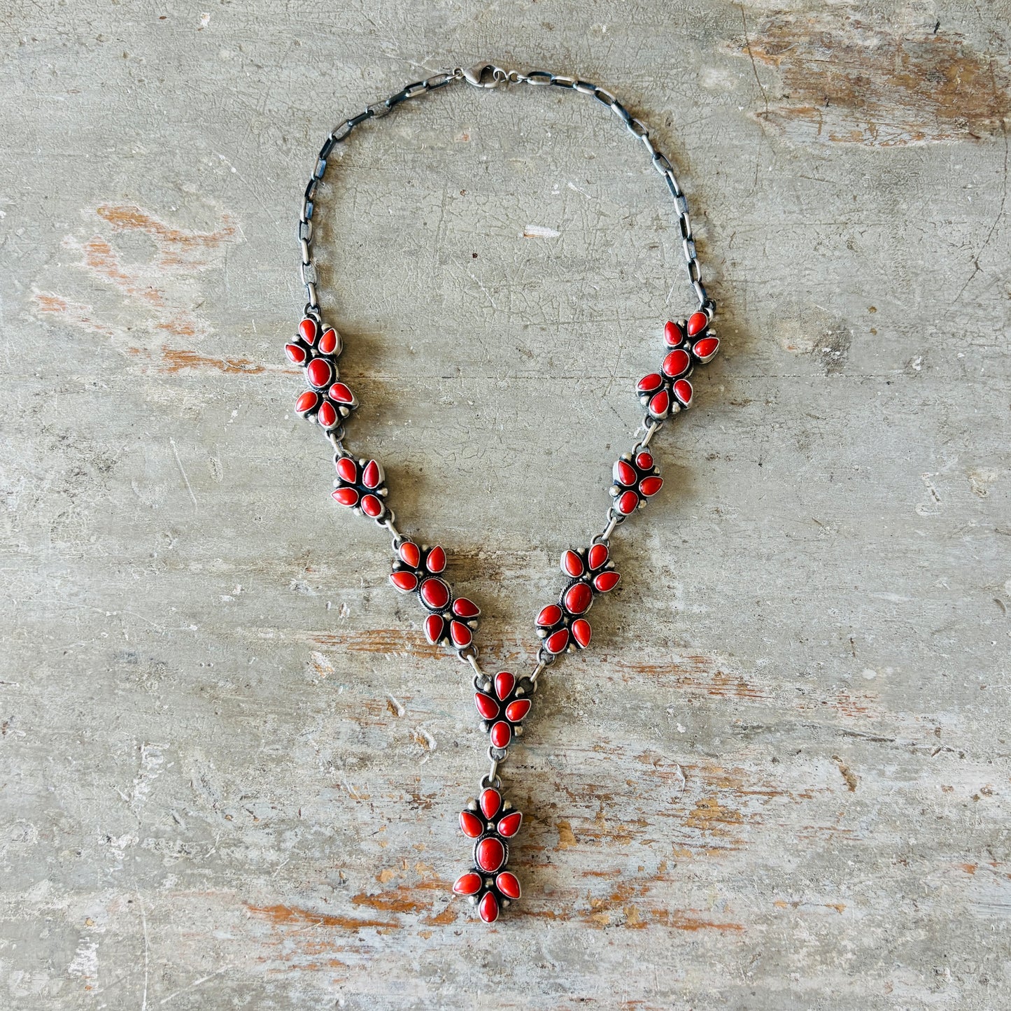 Navajo Kathleen Livingston Sterling Silver & Red Coral Lariat