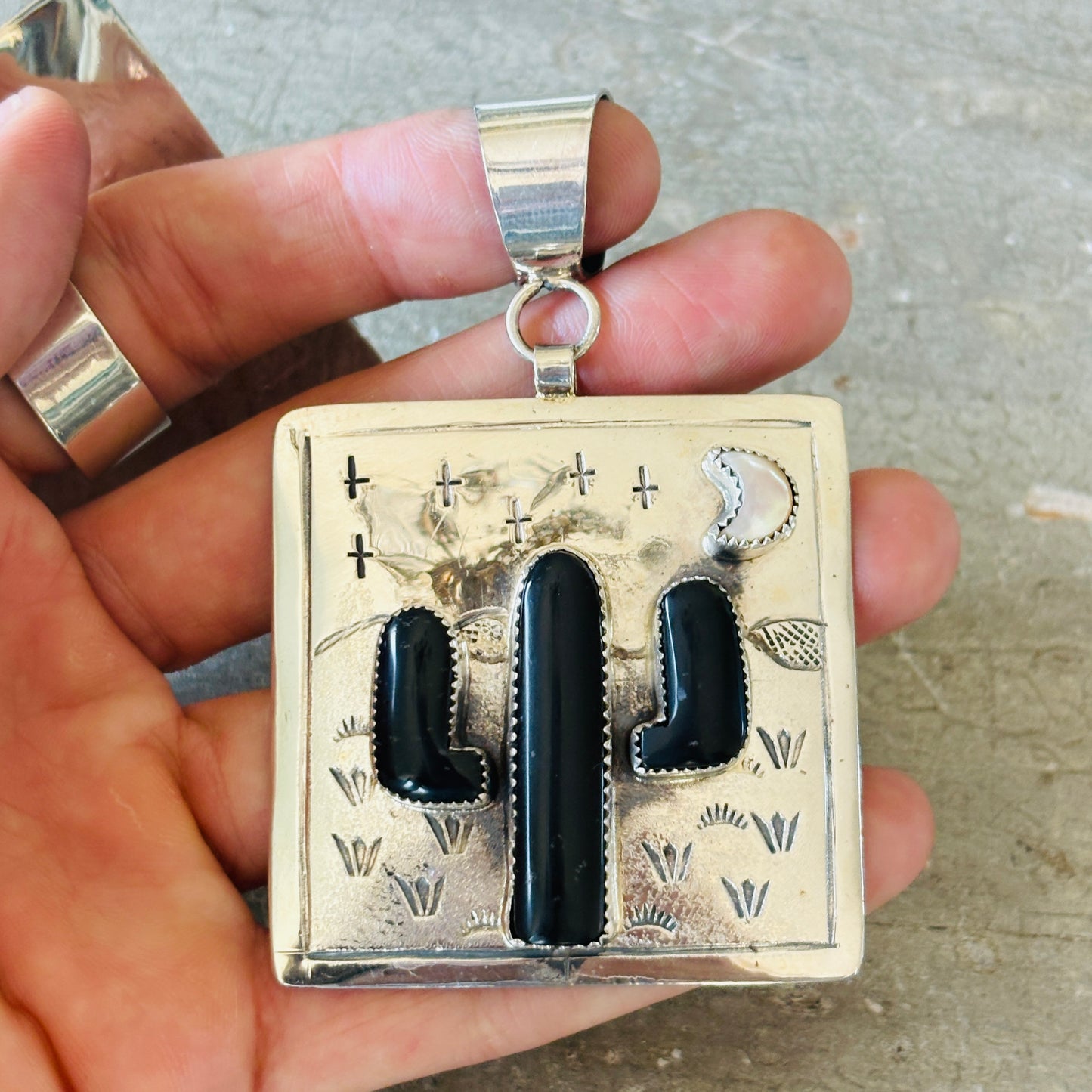 Navajo Hemerson Brown Sterling Silver - Shell & Black Onyx Cactus Pendant