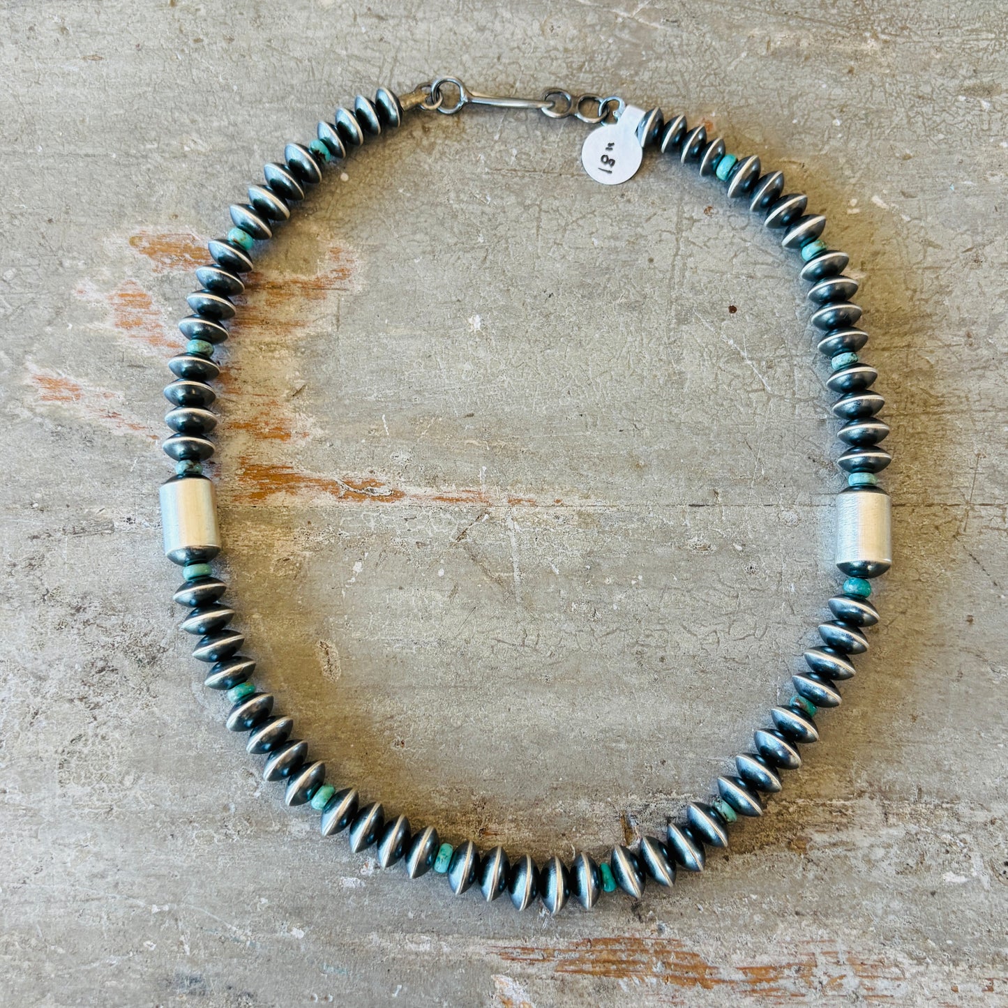 Navajo Tonisha Haley Sterling Silver & Campitos Turquoise 7mm Handmade Saucer - Tube Beads Pearl Necklace