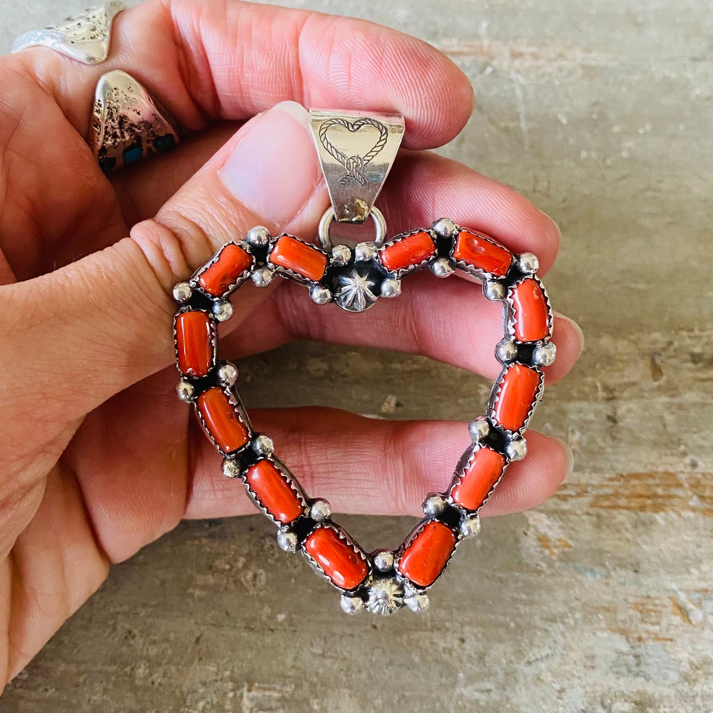 Navajo Lorenzo Jerilyn Chee Sterling Silver & Red Coral Heart Pendant