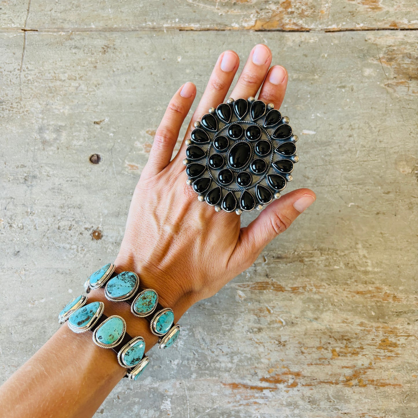 Navajo Tommy Jackson Sterling Silver & Black Onyx Cluster Ring