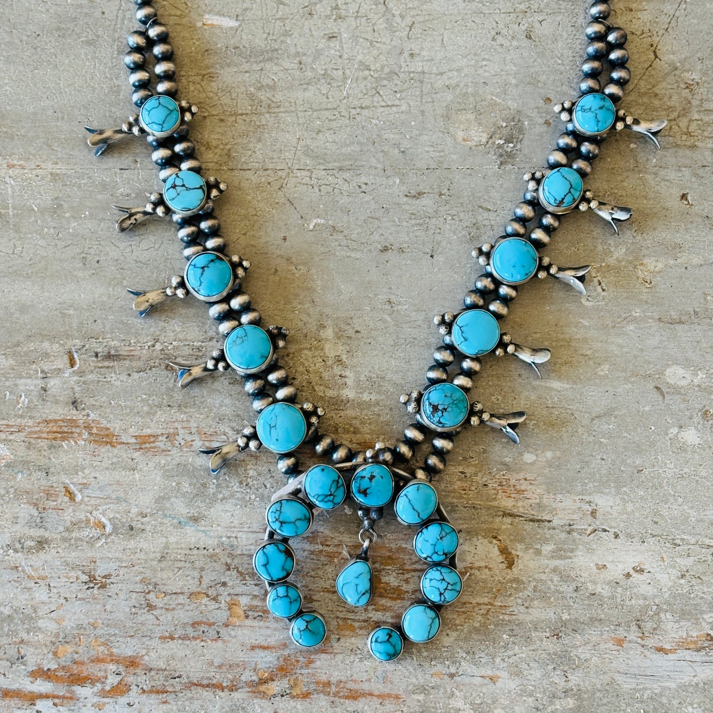 Navajo Lydia Begay Sterling Silver & Egyptian Turquoise Squash Blossom Necklace