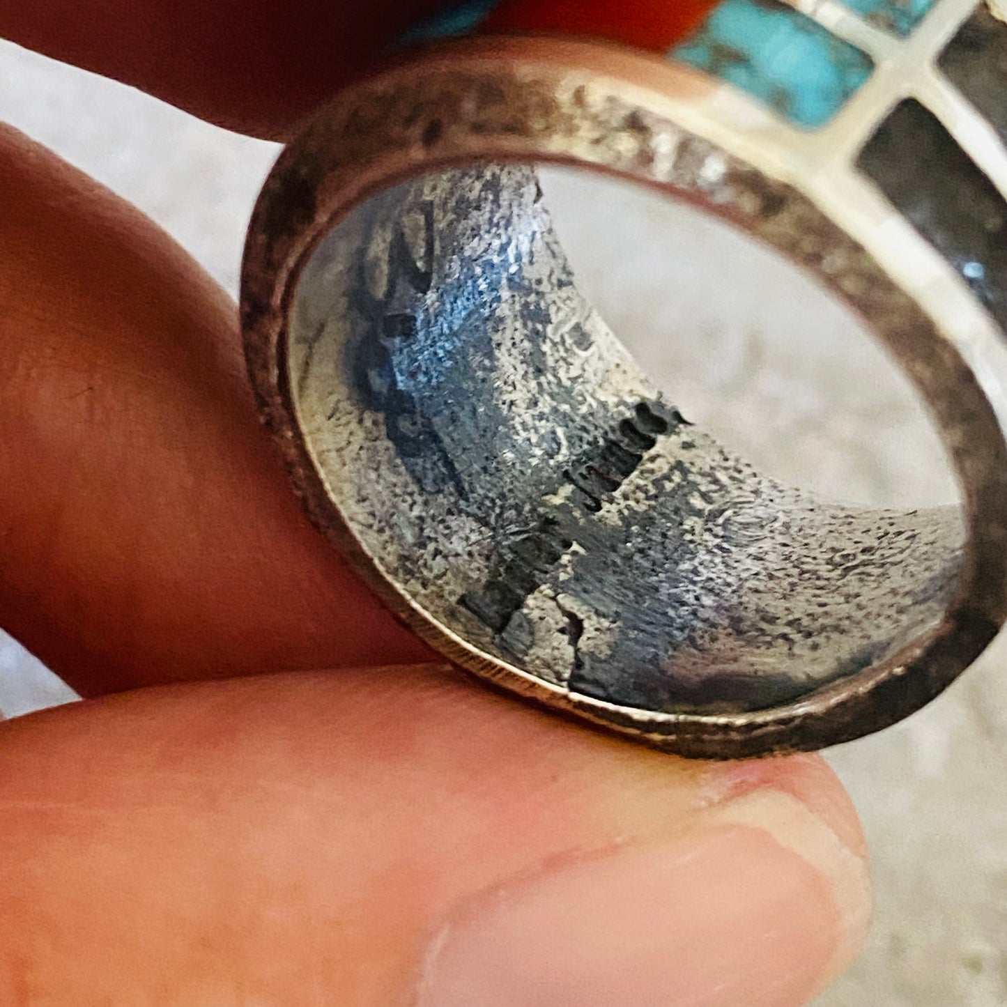 Navajo Lester James Sterling Silver Multi Stone Inlay Tufa Cast Ring
