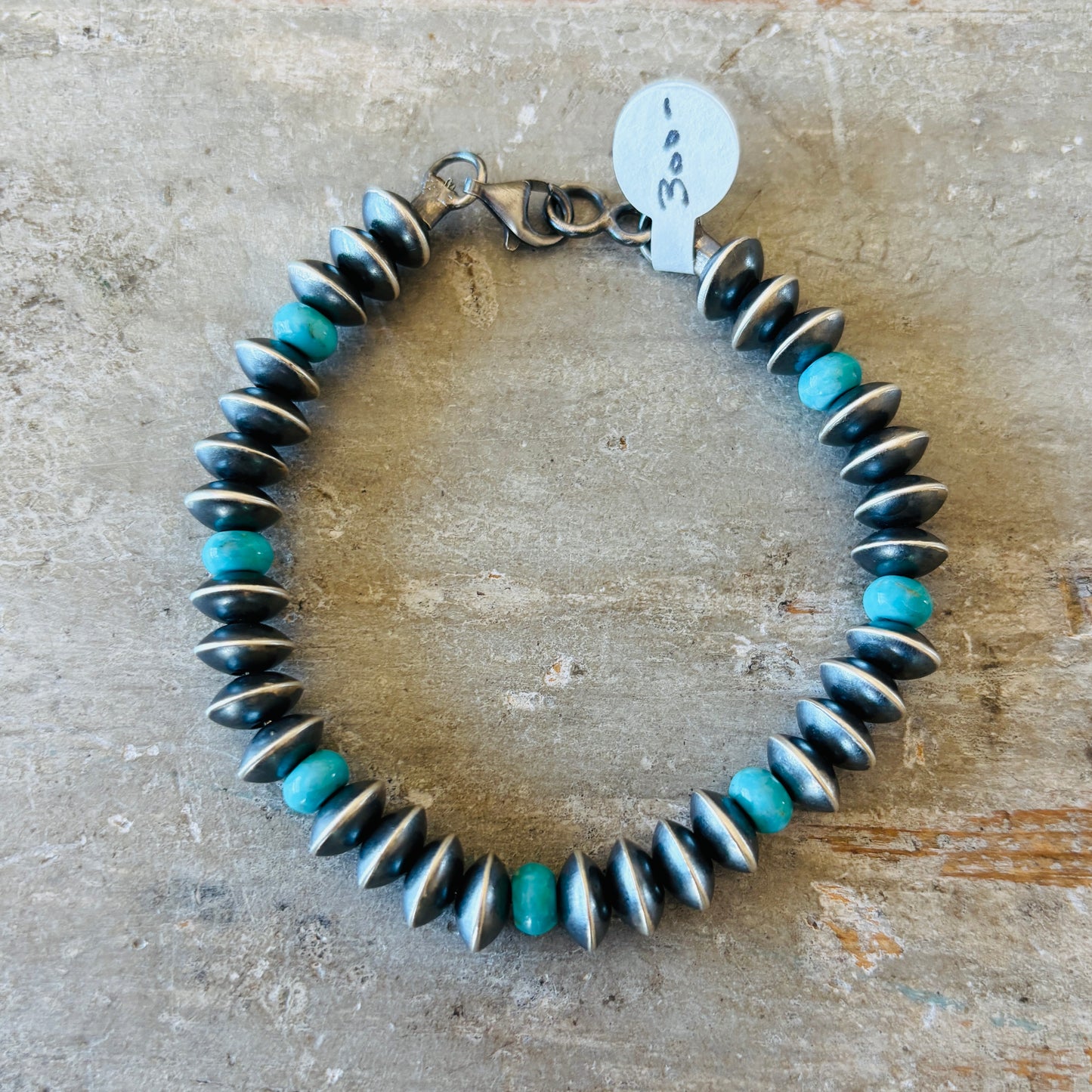 Navajo Preston Haley Sterling Silver 6mm Saucer Pearl & Turquoise Bracelet