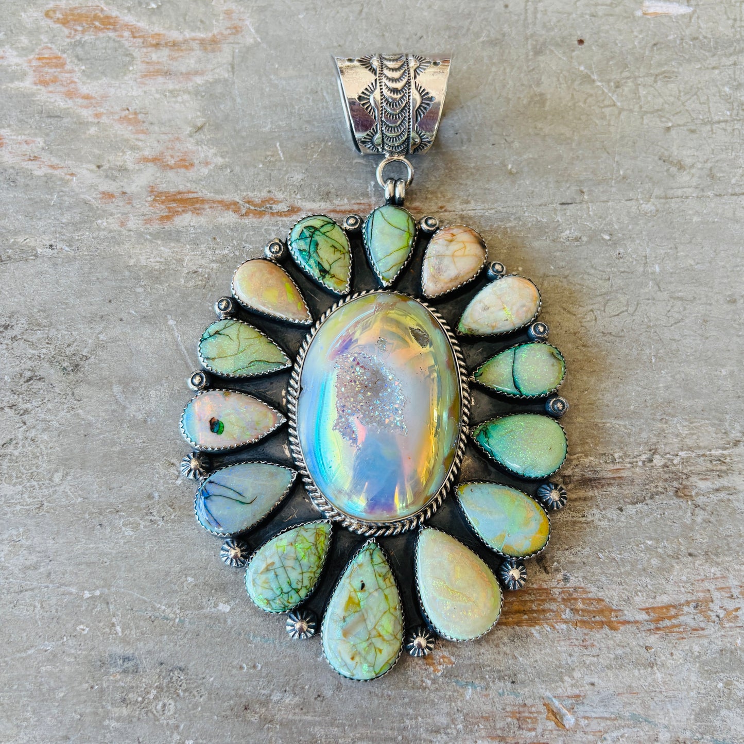 Navajo Hemerson Brown Sterling Silver - Druzy & Lab Opal Pendant
