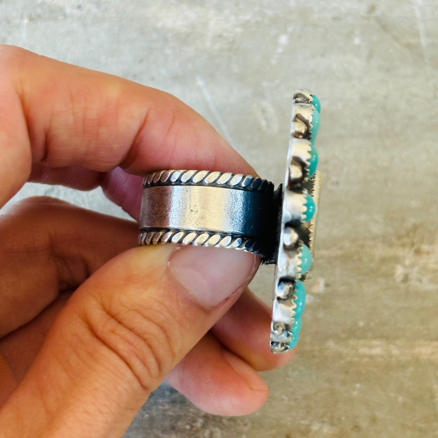 Navajo Kindale Billah Sterling Silver & Campitos Turquoise Canoe Ring