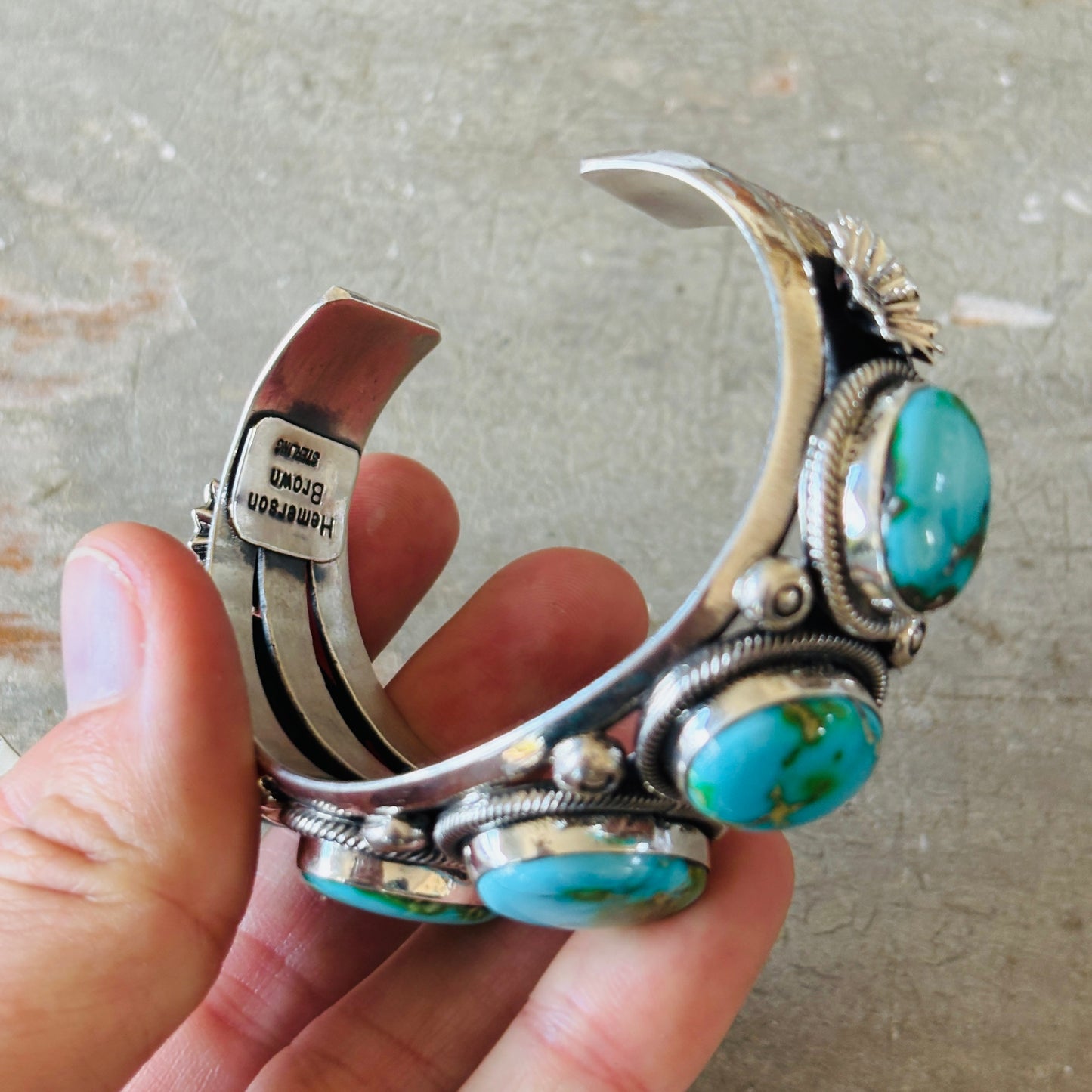 Navajo Hemerson Brown Sterling Silver & Sonoran Turquoise Statement Cuff