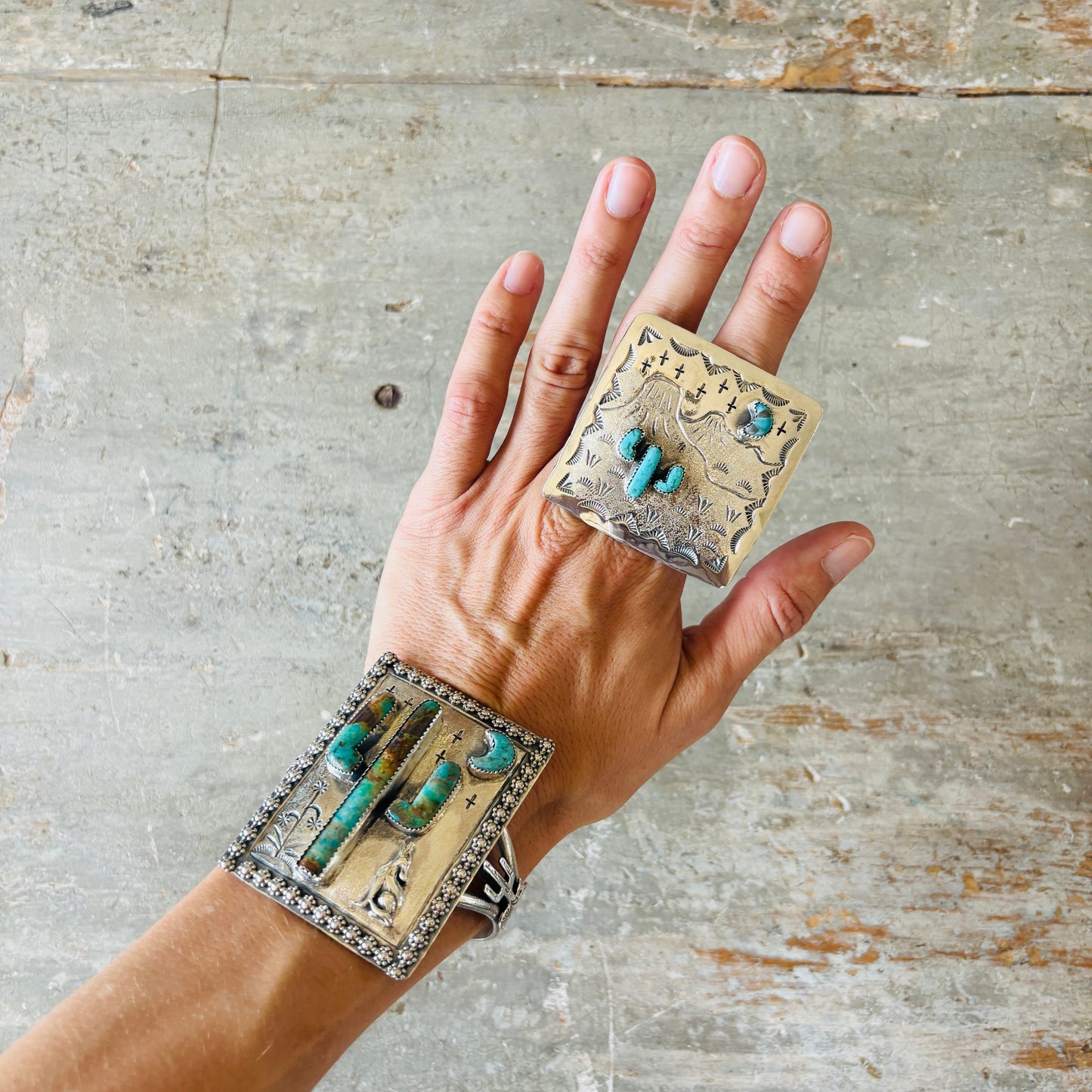 Navajo Hemerson Brown Sterling Silver & Kingman Turquoise Cactus Ring