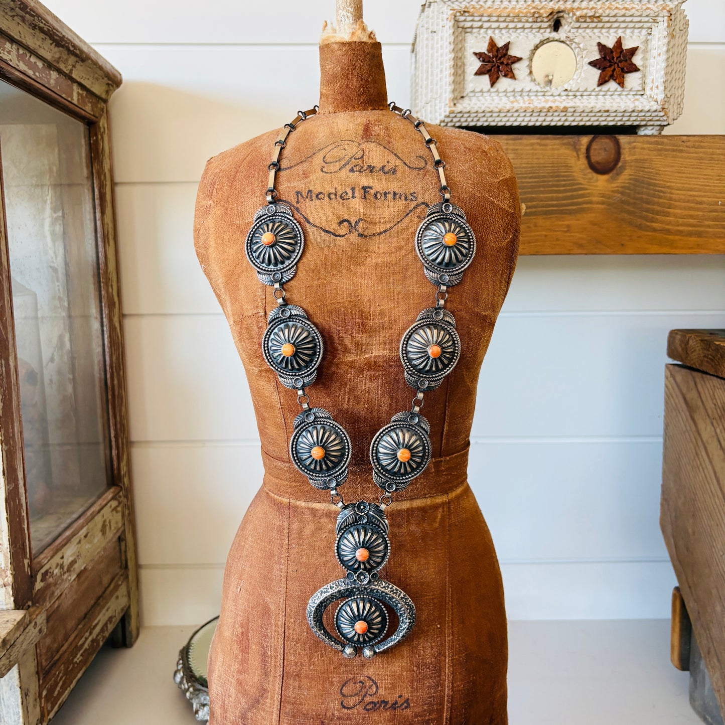 Navajo Hemerson Brown Sterling Silver & Orange Spiny Concho Naja Statement Necklace