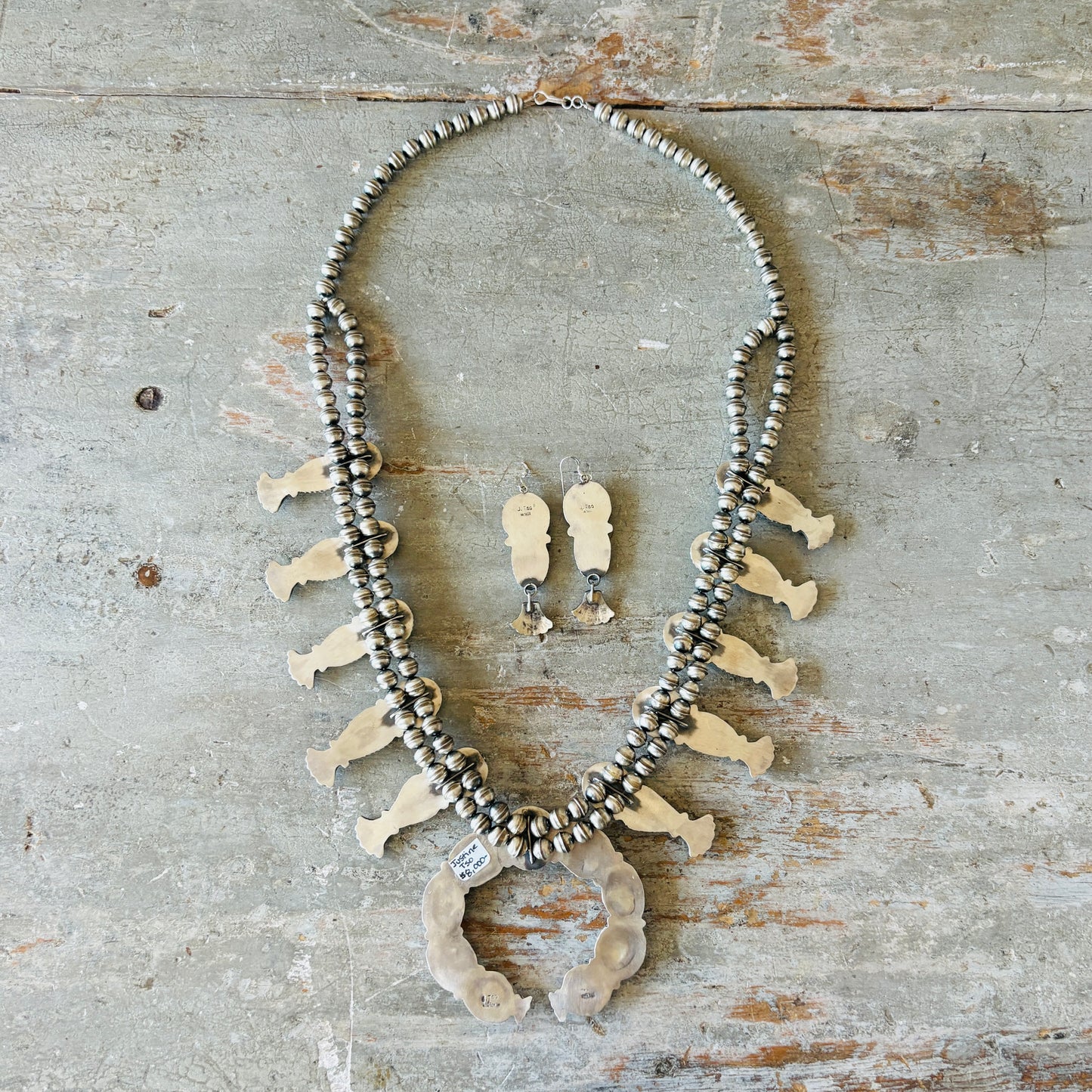 Navajo Justine Tso Sterling Silver & Golden Hills Turquoise Squash Blossom Necklace Set