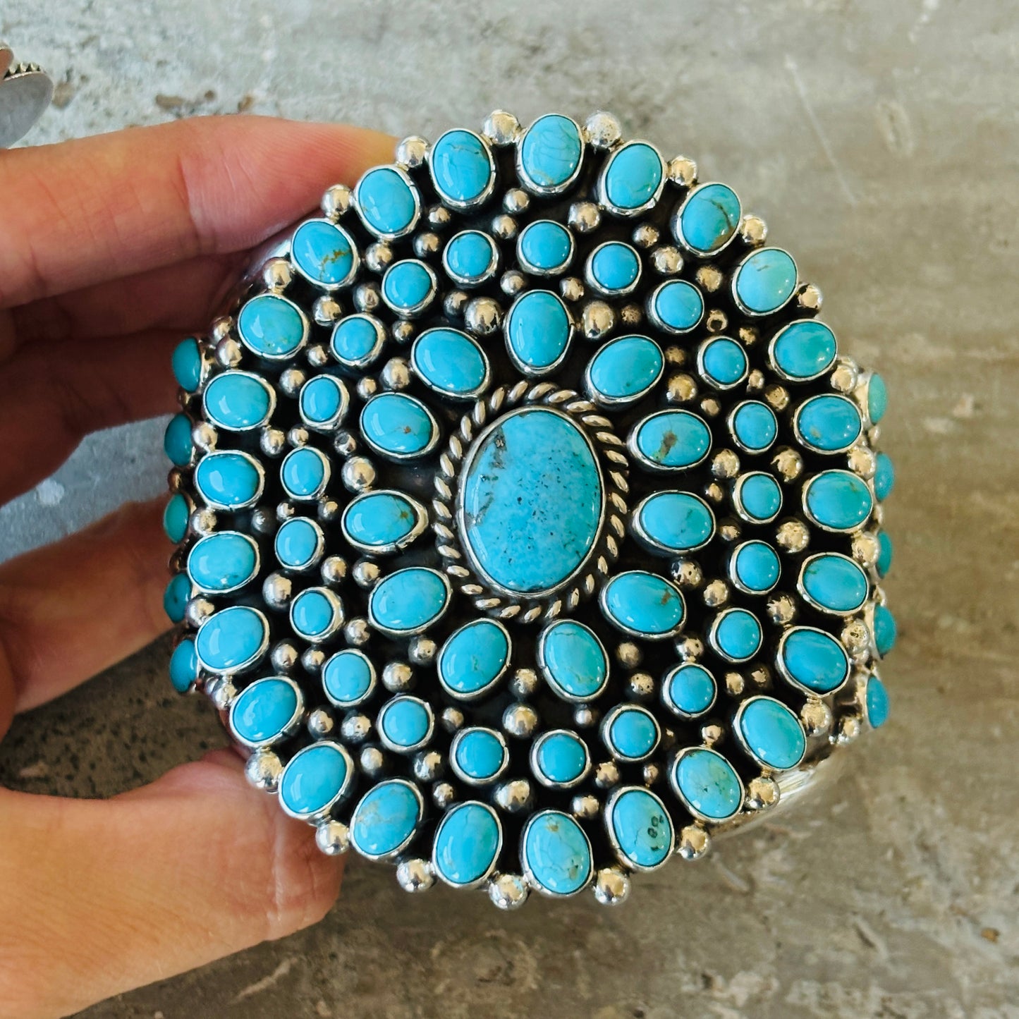 Navajo Melvin & Tiffany Jones Sterling Silver & Kingman Turquoise Cluster Cuff