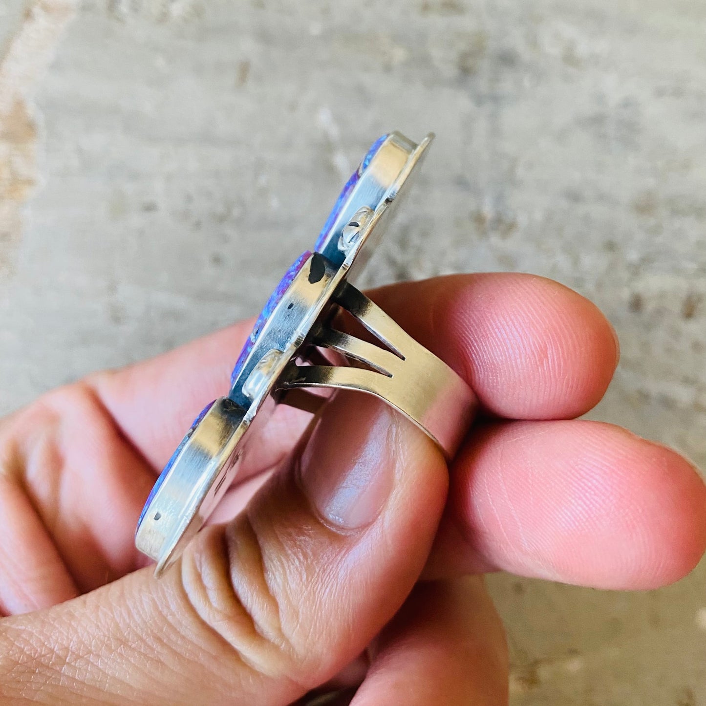 Navajo Signed Sterling Silver & Purple Blue Lab Opal Hearts Ring