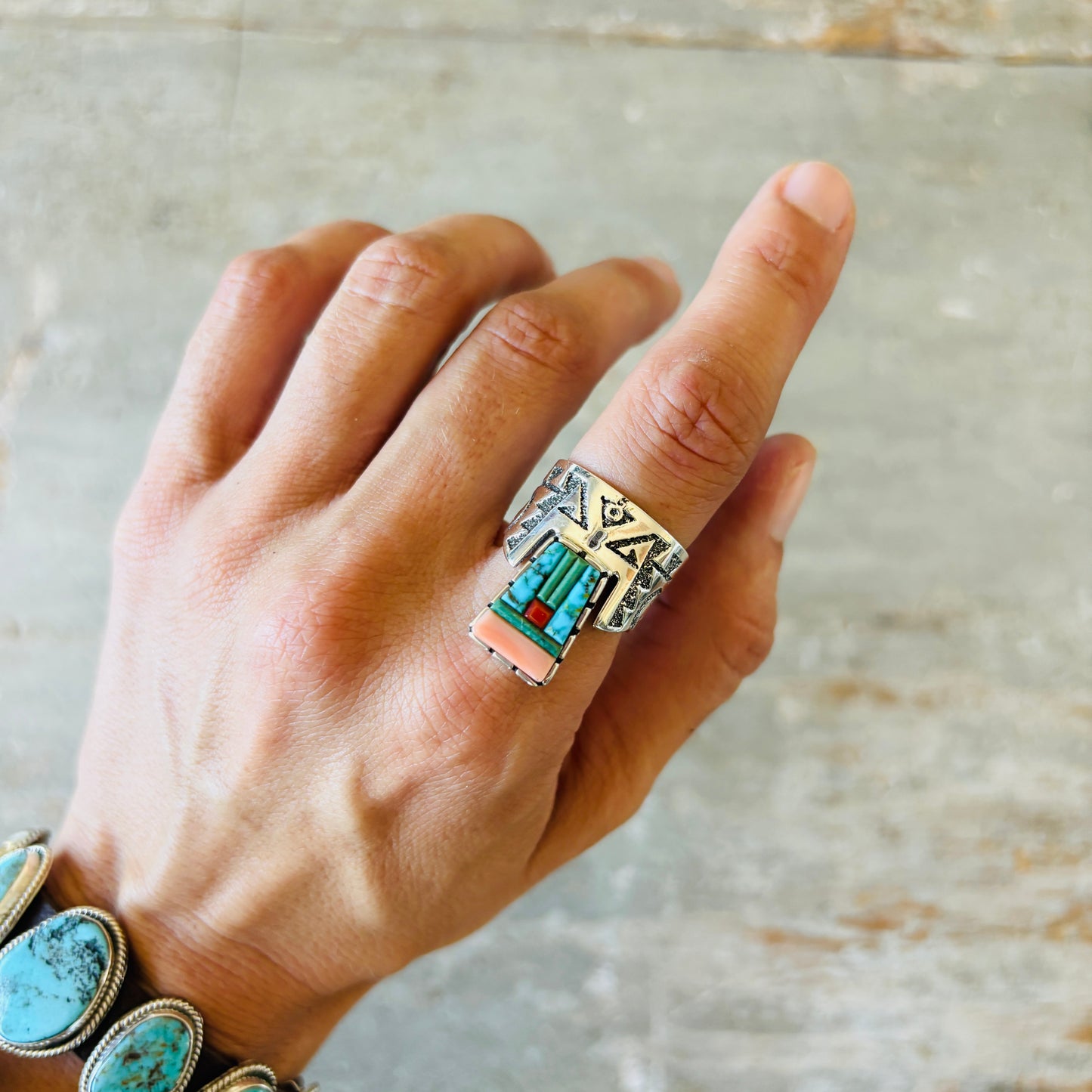 Navajo Richard Tsosie Sterling Silver - Red Coral & Multi Stone Cobblestone Ring