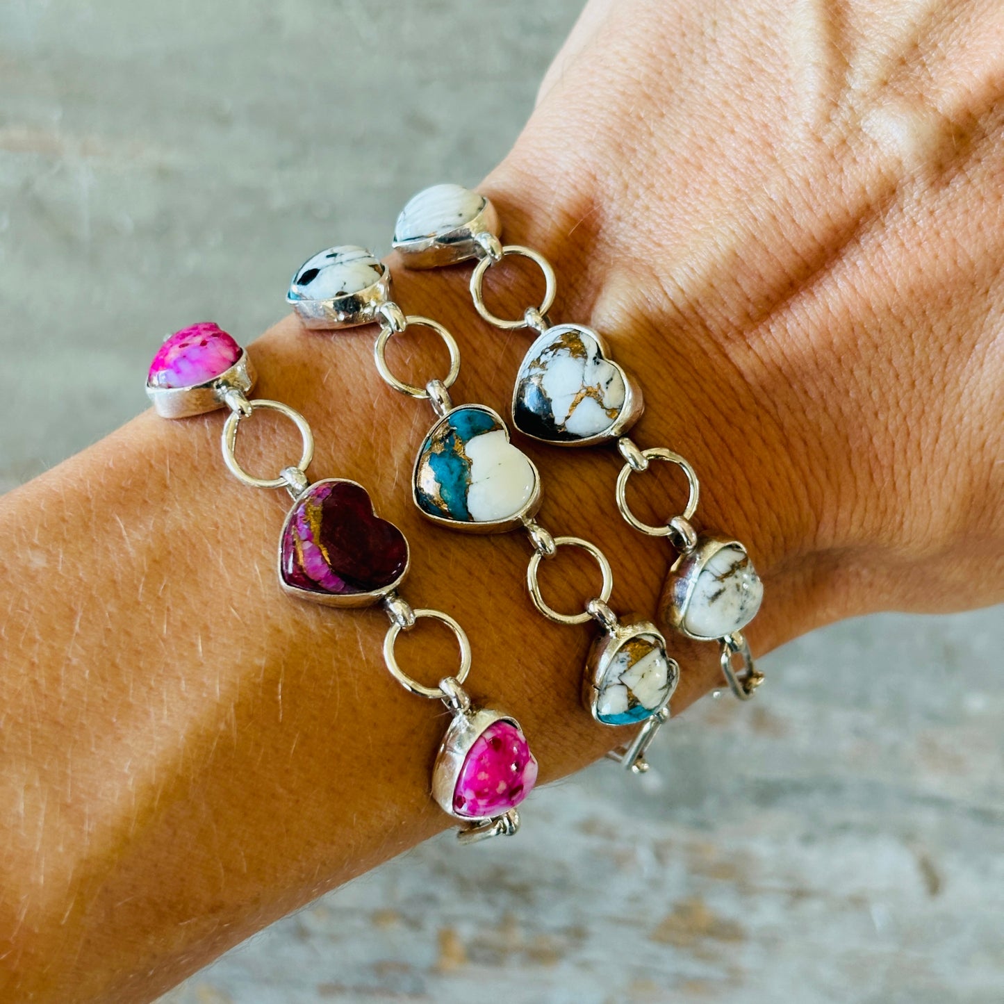 Navajo Mildred Parkhurst Sterling Silver & Mojave Paper Clip Chain Heart Bracelets