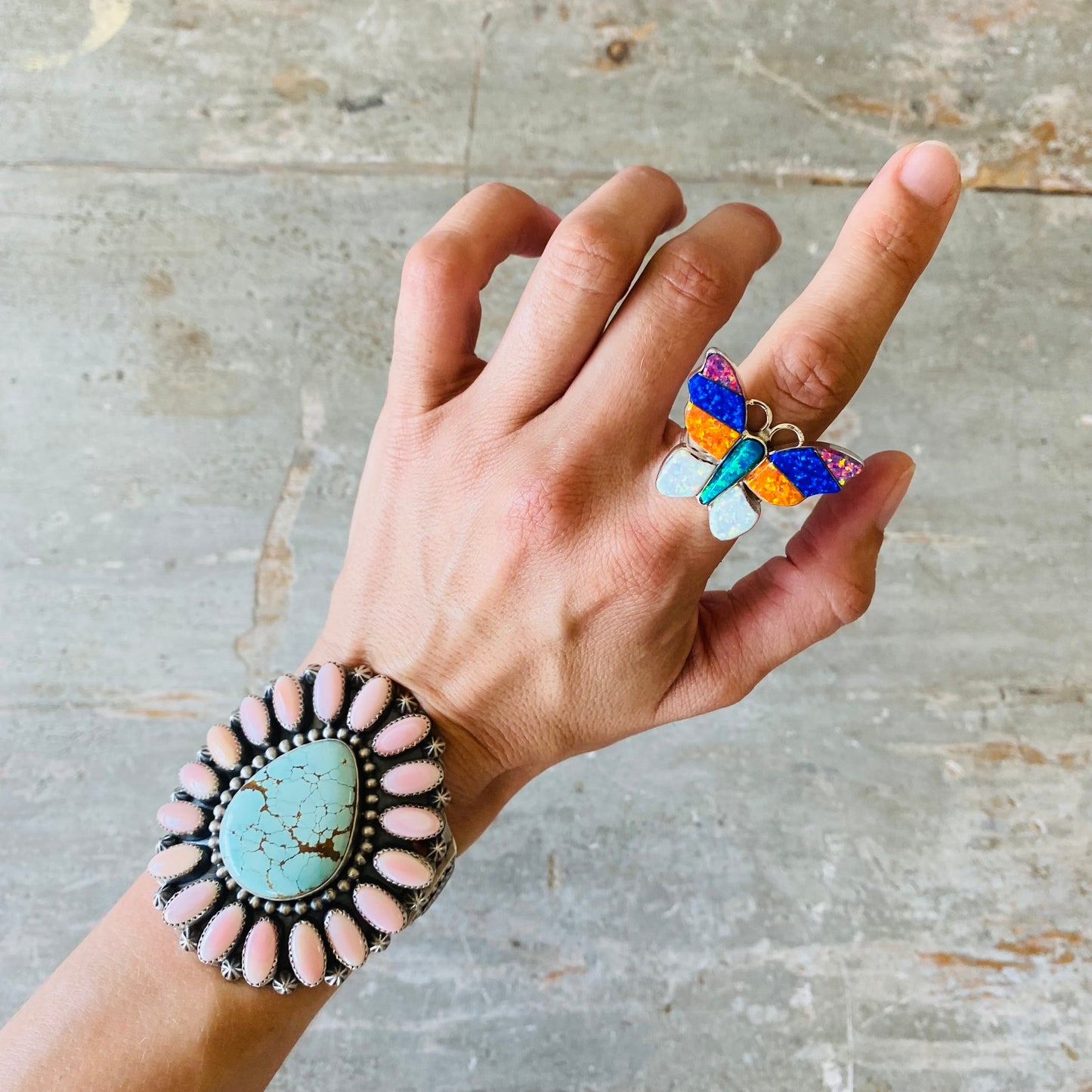 Navajo Steeve Francisco Sterling Silver & Lab Opal Multicolor Butterfly Ring
