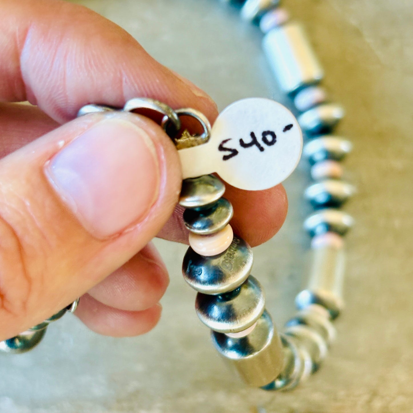 Navajo Tonisha Haley Sterling Silver 10mm Handmade Pink Conch - Saucer - Tube Beads Pearl Necklace