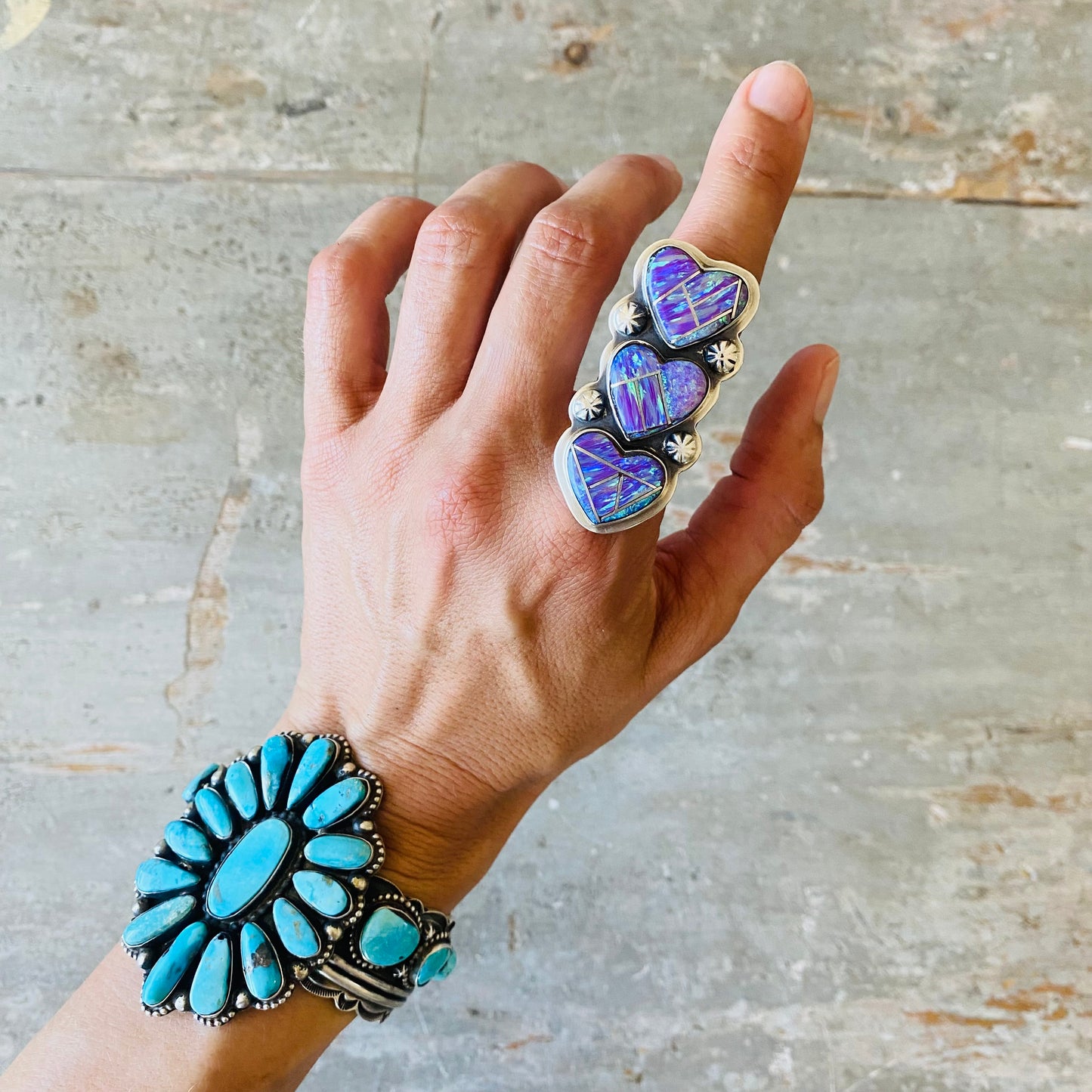 Navajo Signed Sterling Silver & Purple Blue Lab Opal Hearts Ring