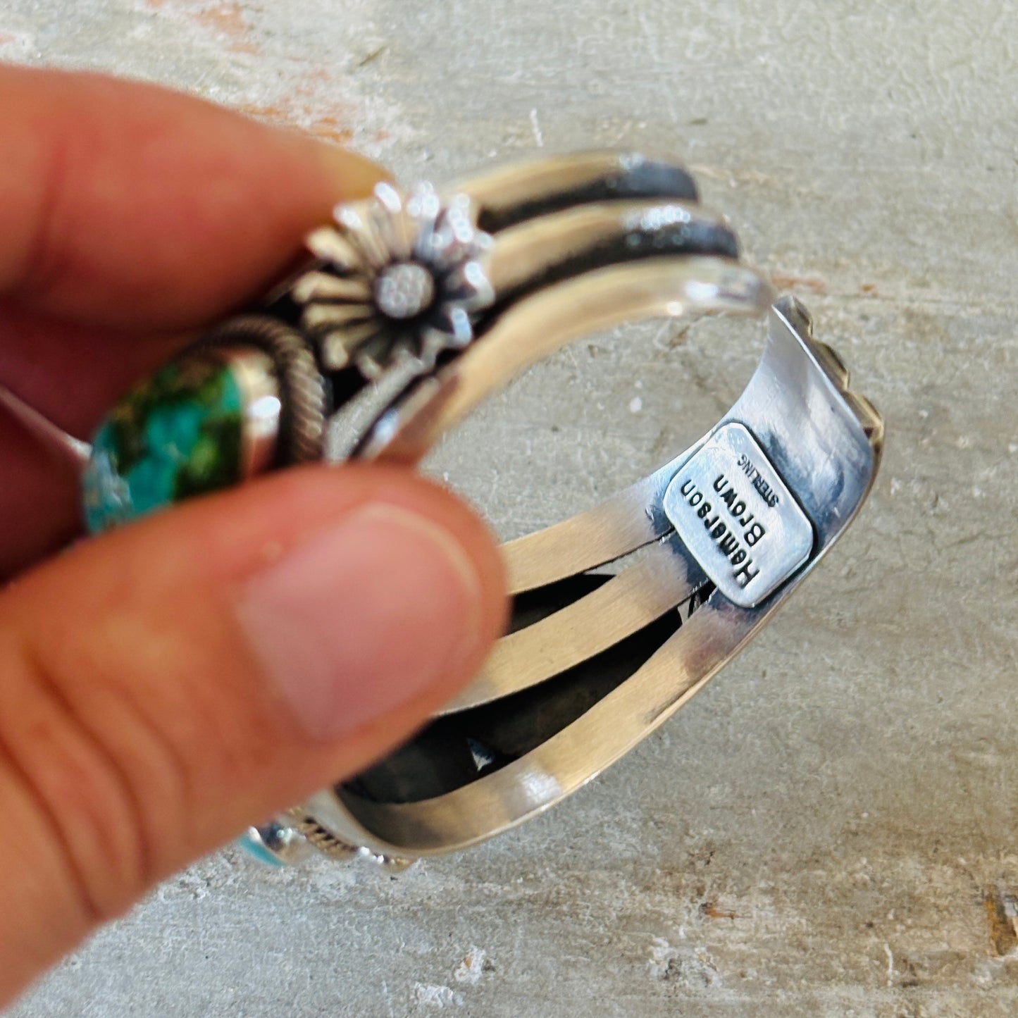 Navajo Hemerson Brown Sterling Silver & Sonoran Turquoise Statement Cuff