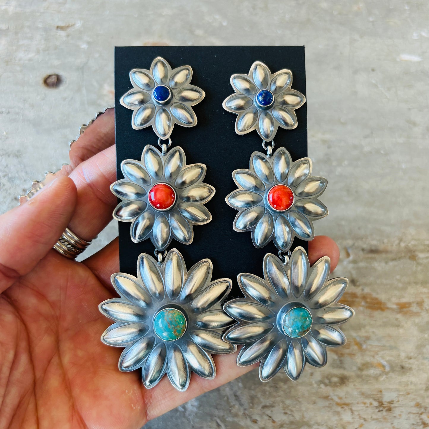 Navajo Robert Johnson Sterling Silver - Lapis - Red Spiny & Kingman Turquoise Floral Concho Earrings
