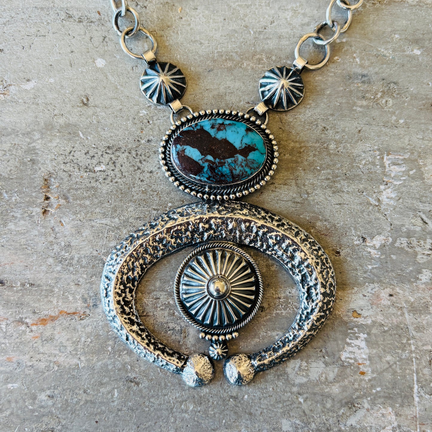 Navajo Hemerson Brown Sterling Silver & Egyptian Turquoise Naja Necklace