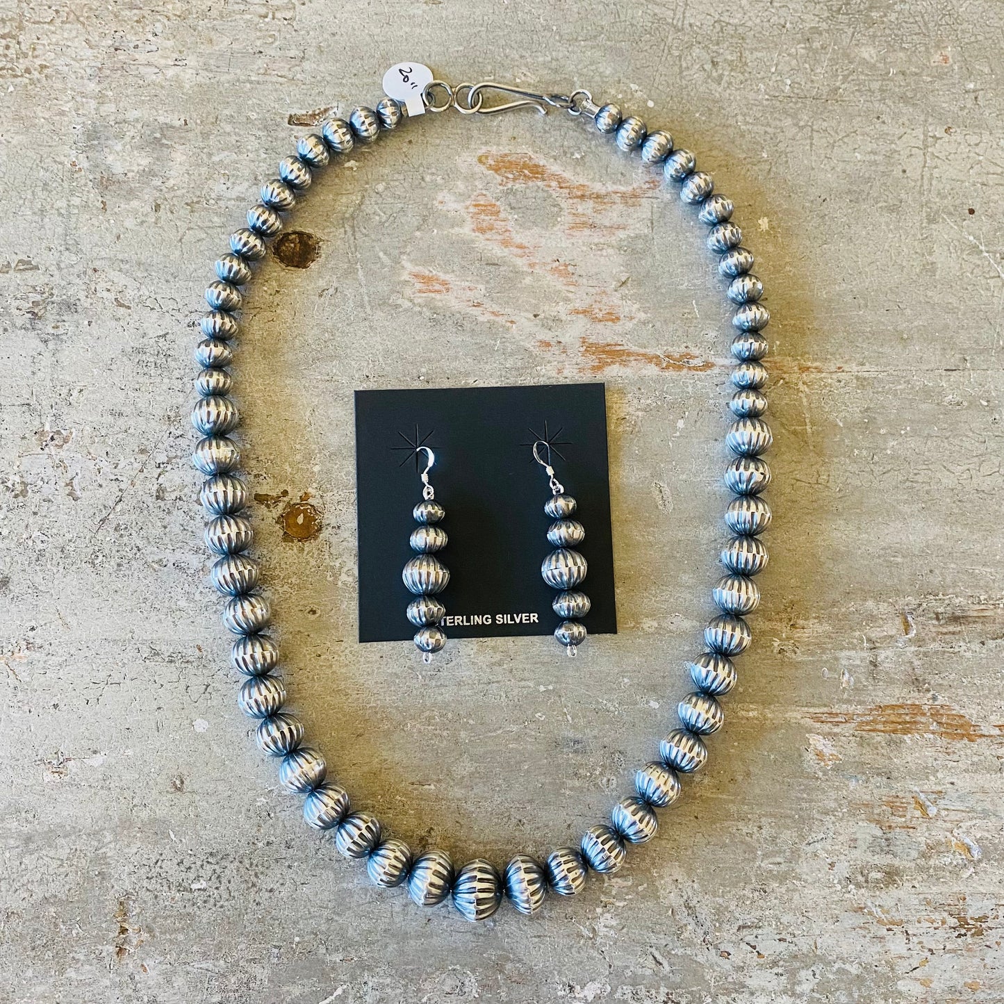Navajo Preston Haley Sterling Silver Handmade Graduated Fluted Pearls & Earrings Set