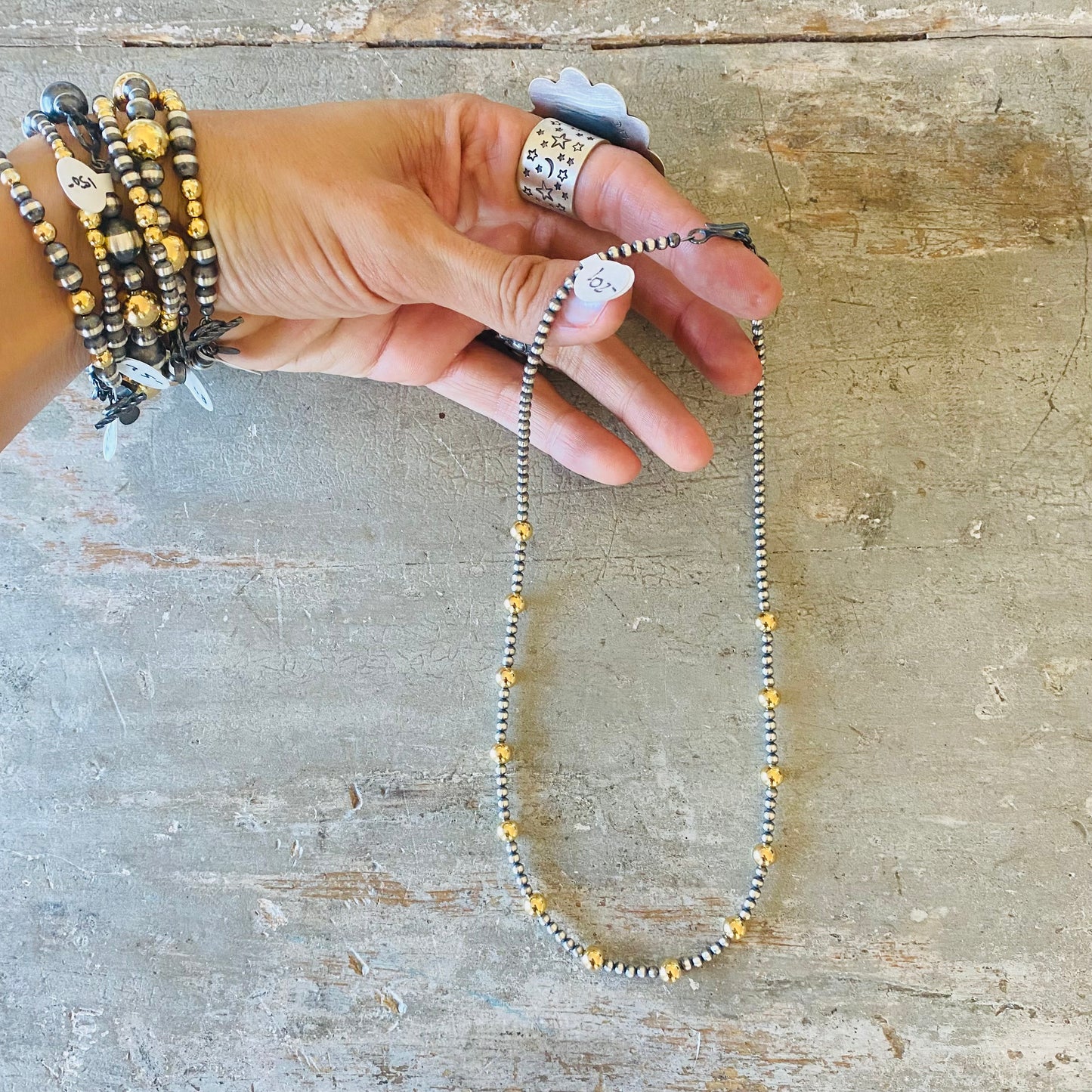 Native Strung Sterling Silver & 18k Gold Plated Alternating 3mm - 6mm Machine Made Pearls Necklace