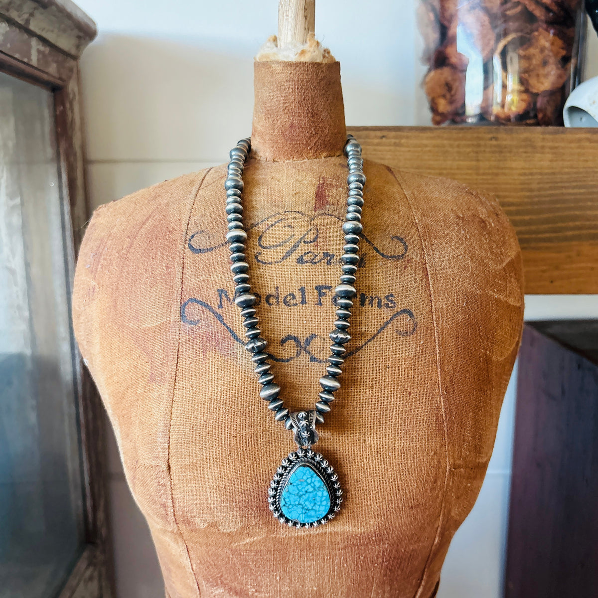 Navajo Happy Piasso Sterling Silver & High Grade Kingman Turquoise Starburst Pendant