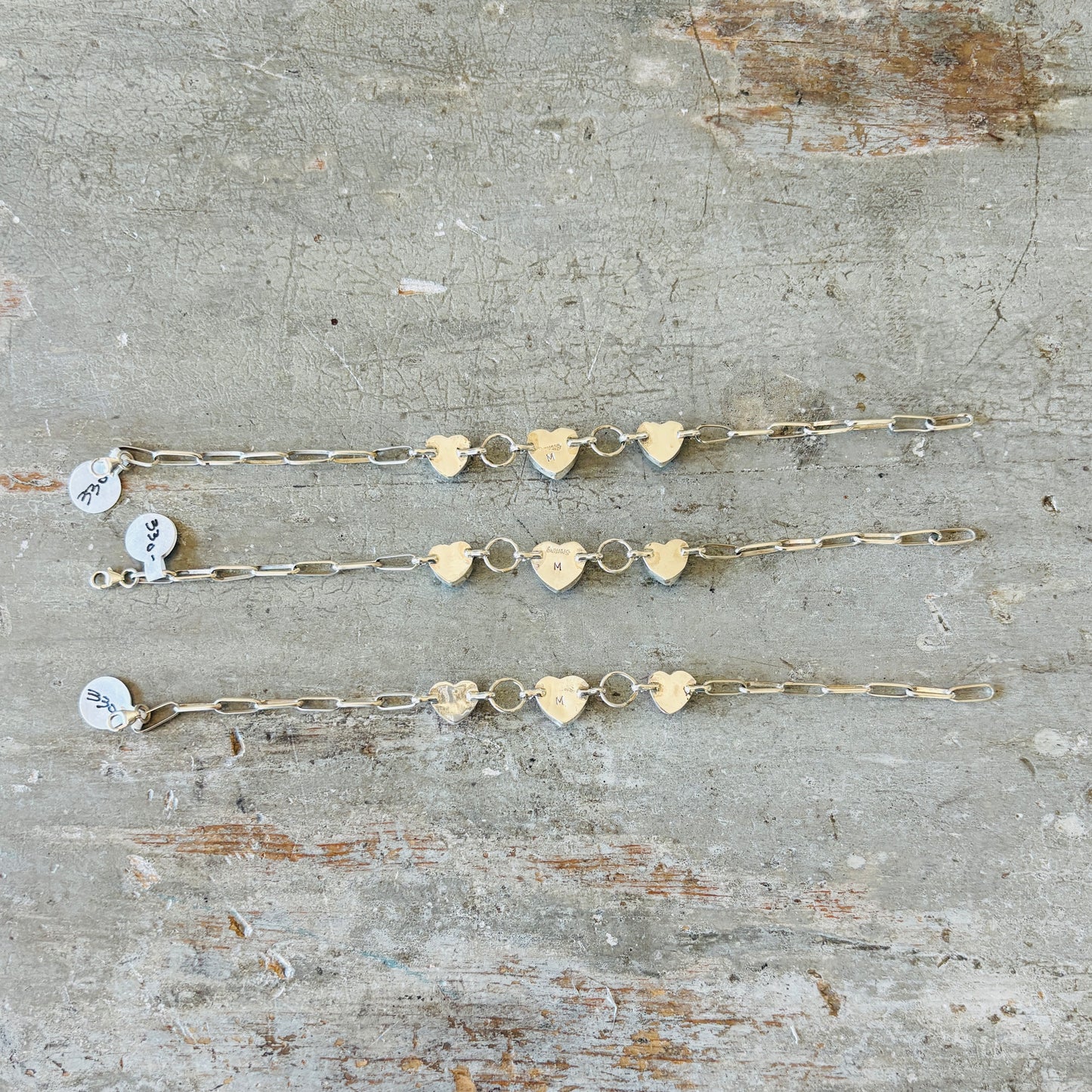 Navajo Mildred Parkhurst Sterling Silver & Mojave Paper Clip Chain Heart Bracelets