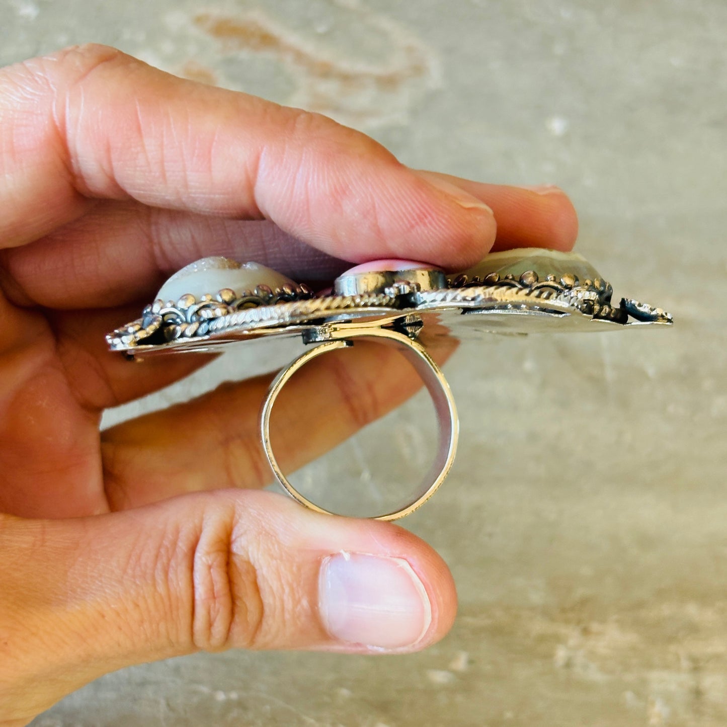 Navajo Hemerson Brown Sterling Silver - Pink Conch & Druzy Butterfly Ring