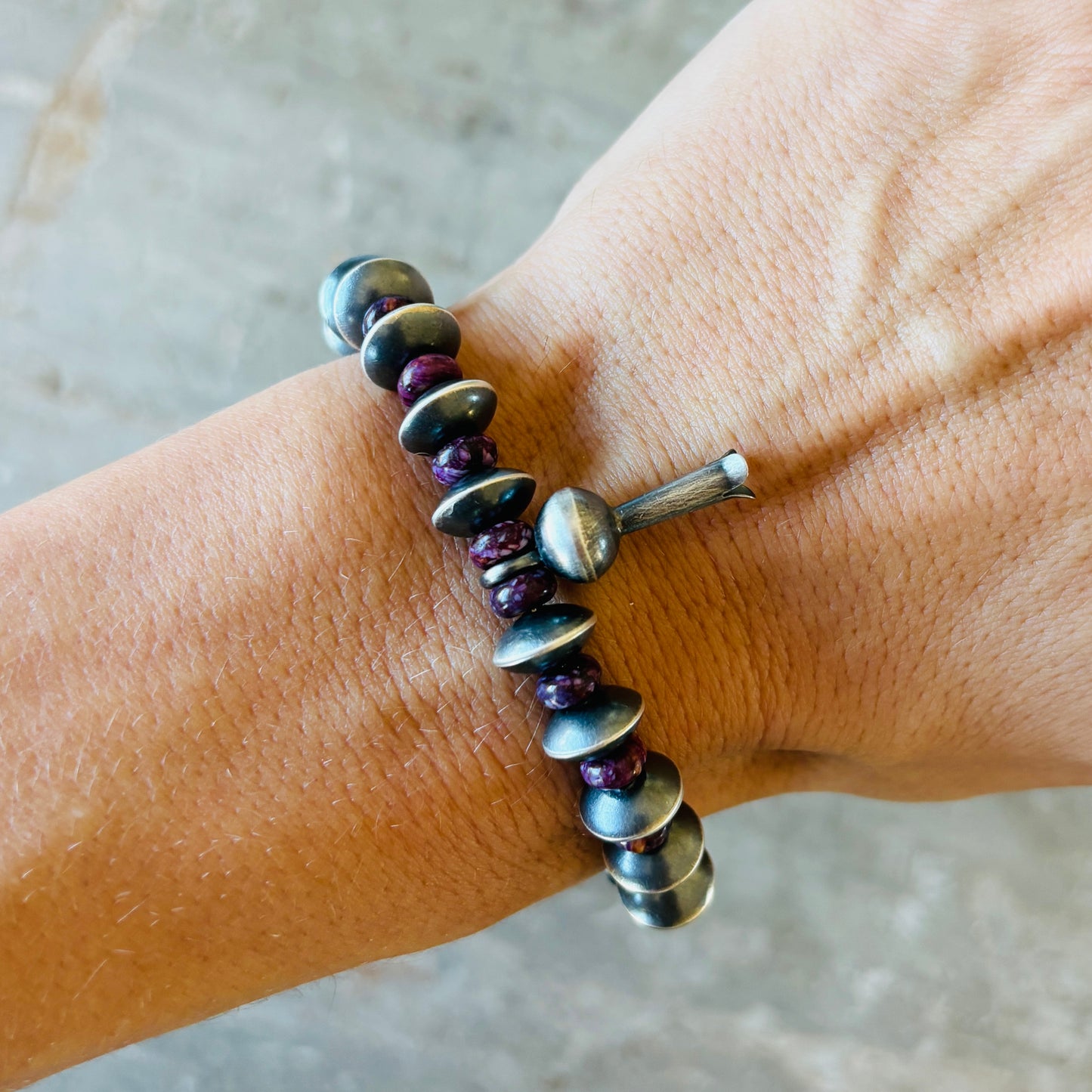 Navajo Preston Haley Sterling Silver & Purple Spiny Oyster 7mm Saucer Handmade Pearls Blossom Bracelet