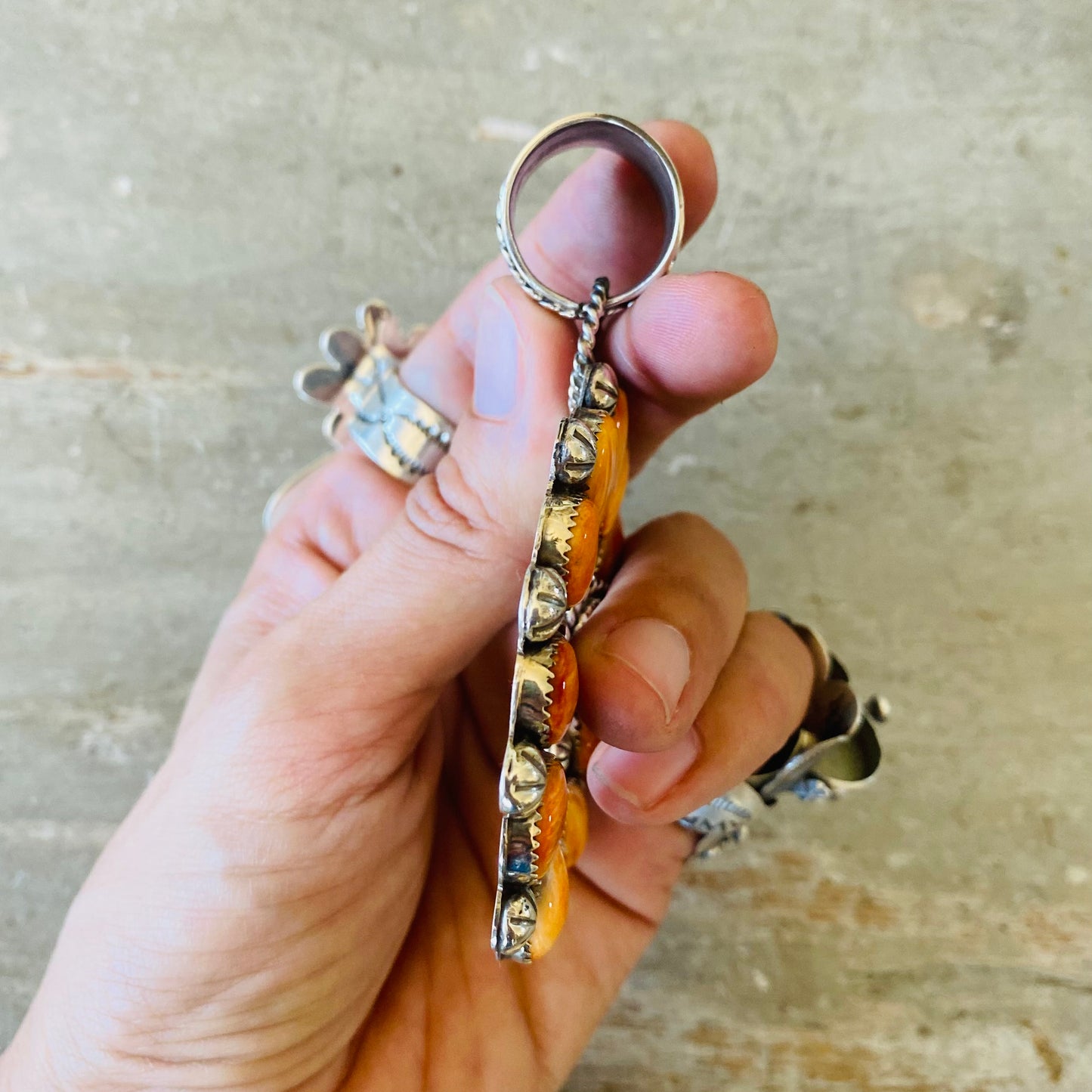 Navajo Lorenzo Jerilyn Chee Sterling Silver & Orange Spiny Oyster Naja Pendant
