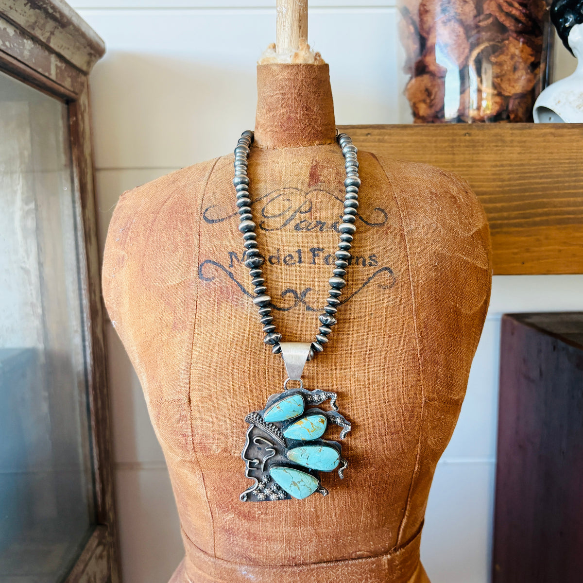 Navajo Miranda Willie Sterling Silver & Kingman Turquoise Kachina Pendant