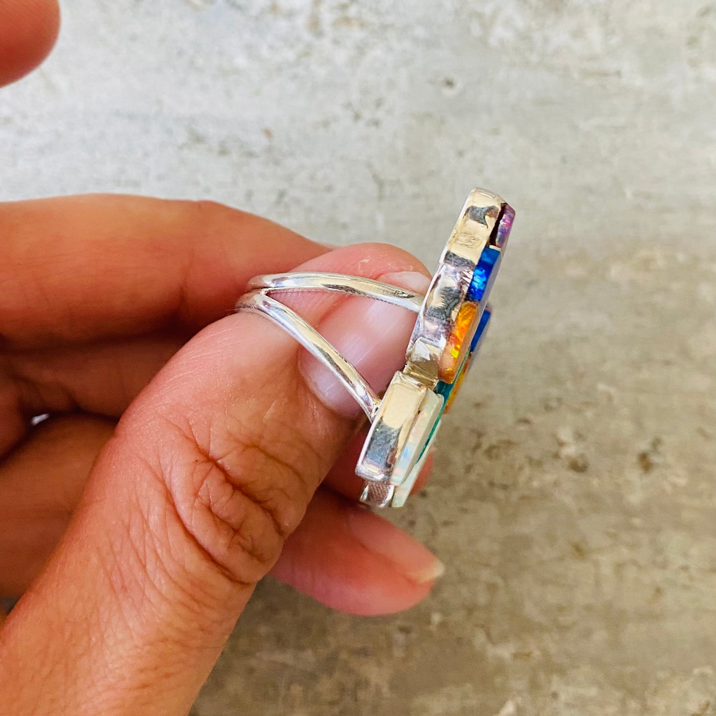 Navajo Steeve Francisco Sterling Silver & Lab Opal Multicolor Butterfly Ring