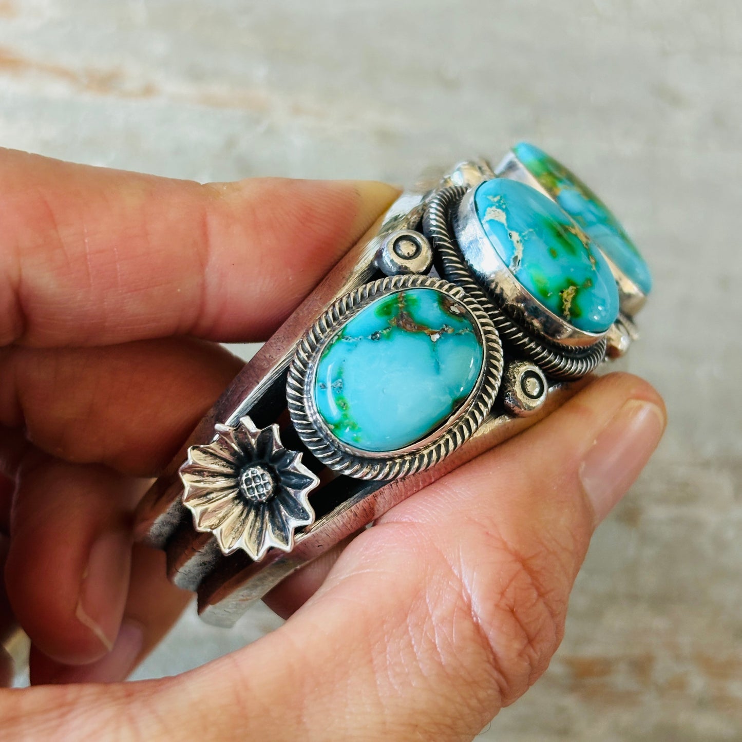 Navajo Hemerson Brown Sterling Silver & Sonoran Turquoise Statement Cuff