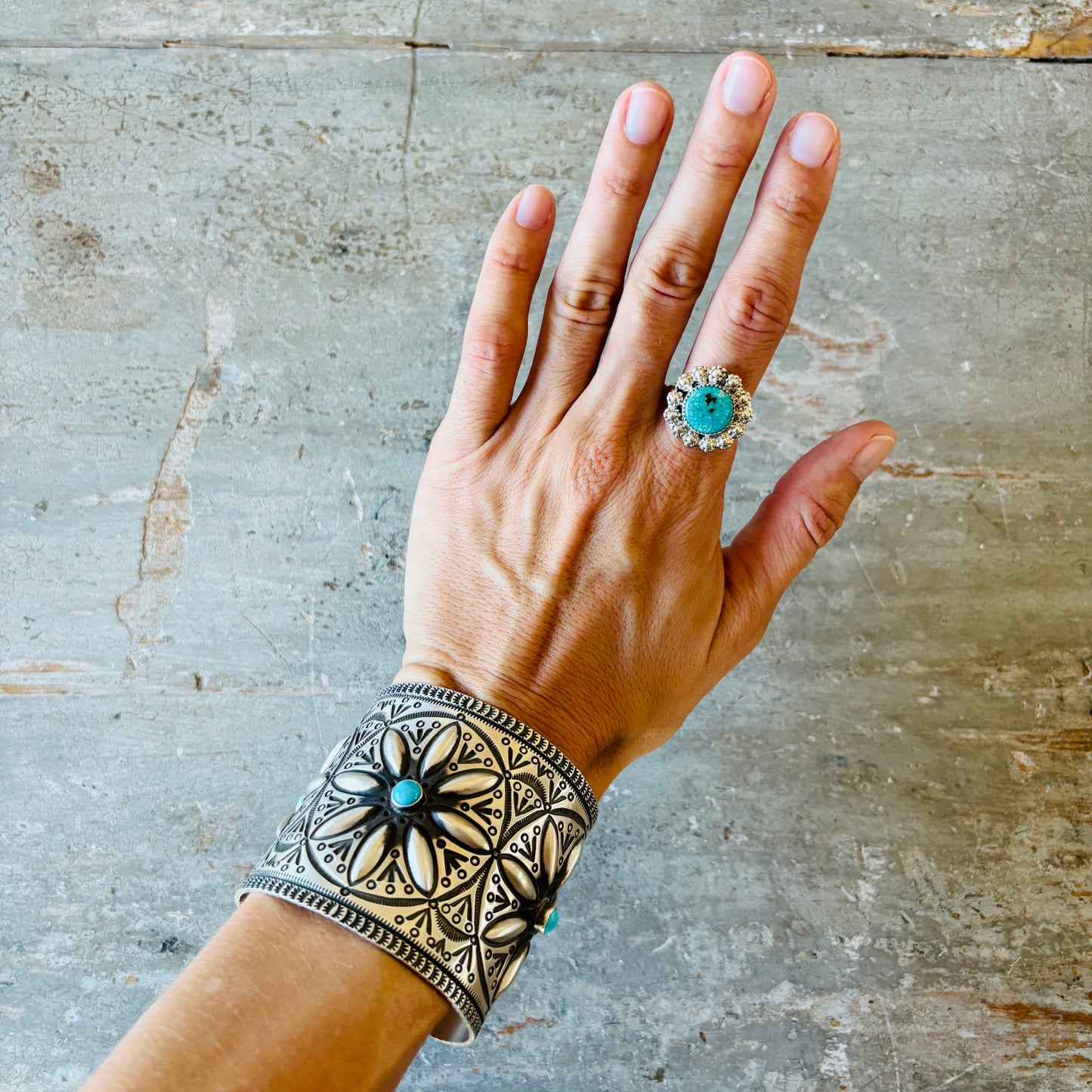 Navajo Renyold Begay Sterling Silver & Sonoran Mountain Turquoise Floral Ring