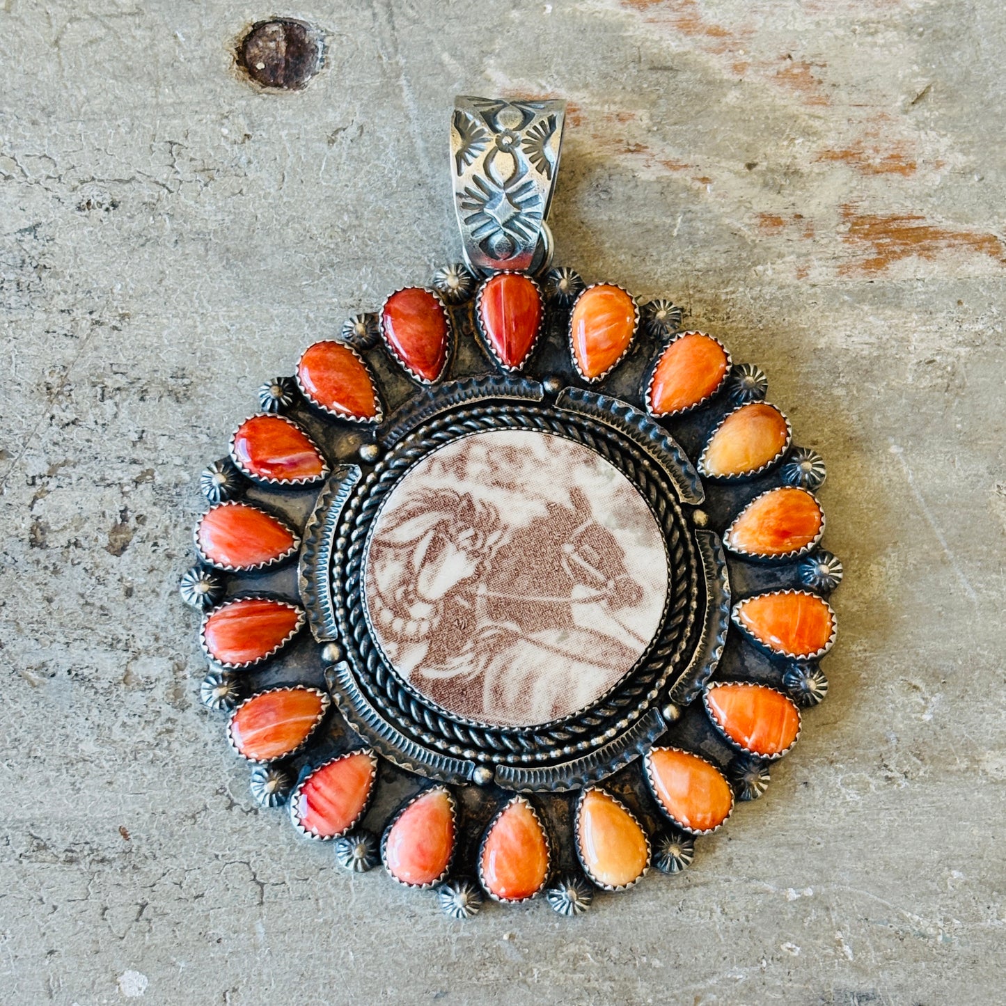 Navajo Kindale Billah Sterling Silver & Orange Spiny Horses Pendant