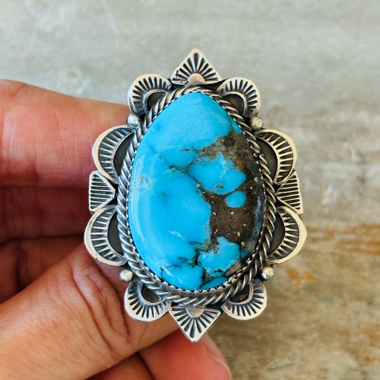 Navajo Tia Long Sterling Silver & Turquoise Ring
