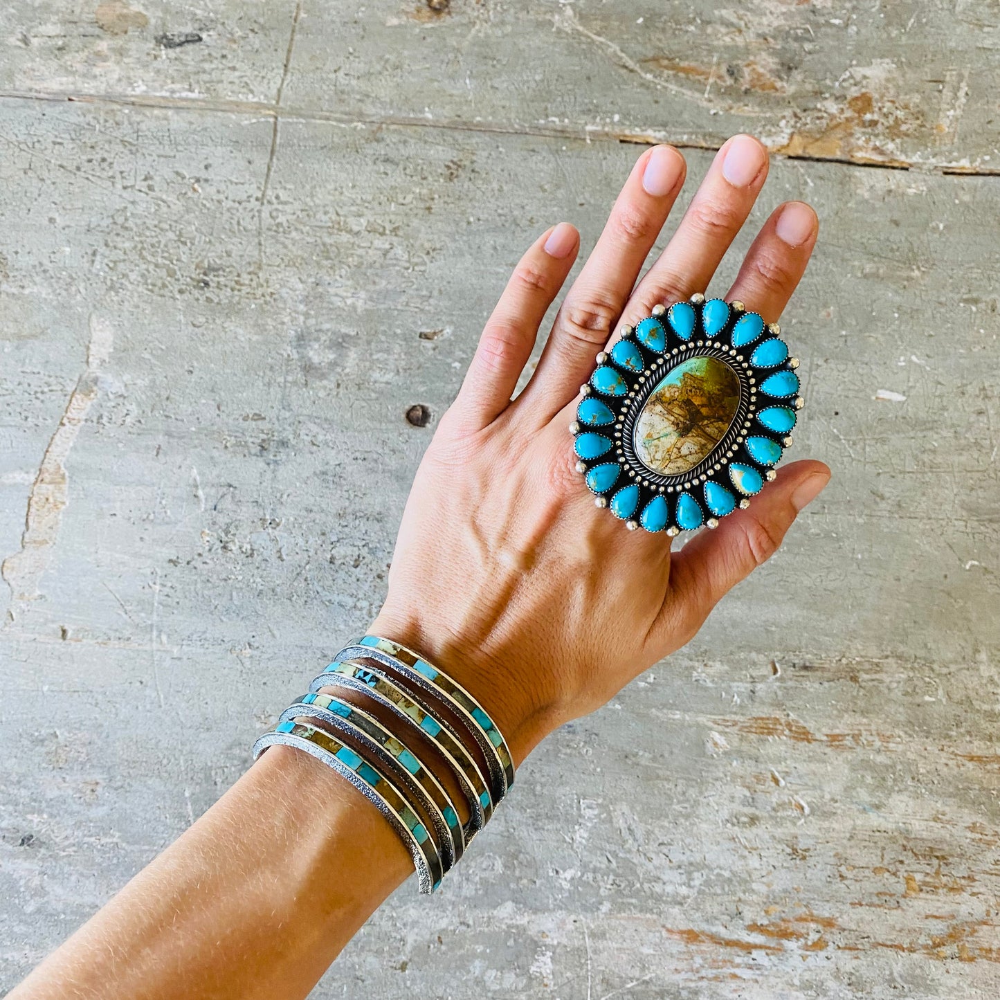 Navajo Lester James Sterling Silver - Turquoise & Sandstone Inlay Tufa Cast Cuff