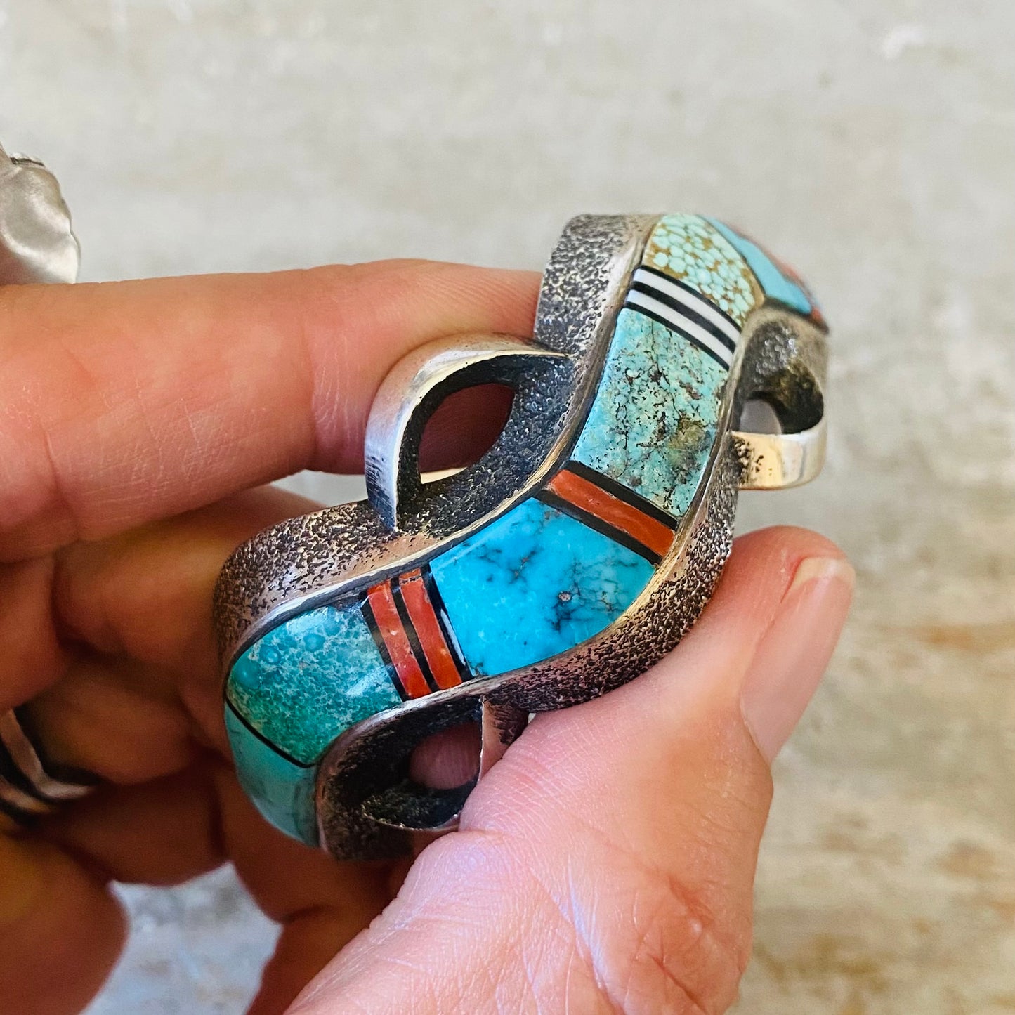 Navajo Lester James & Aaron Anderson Sterling Silver Multi Stone Tufa Cast Cuff